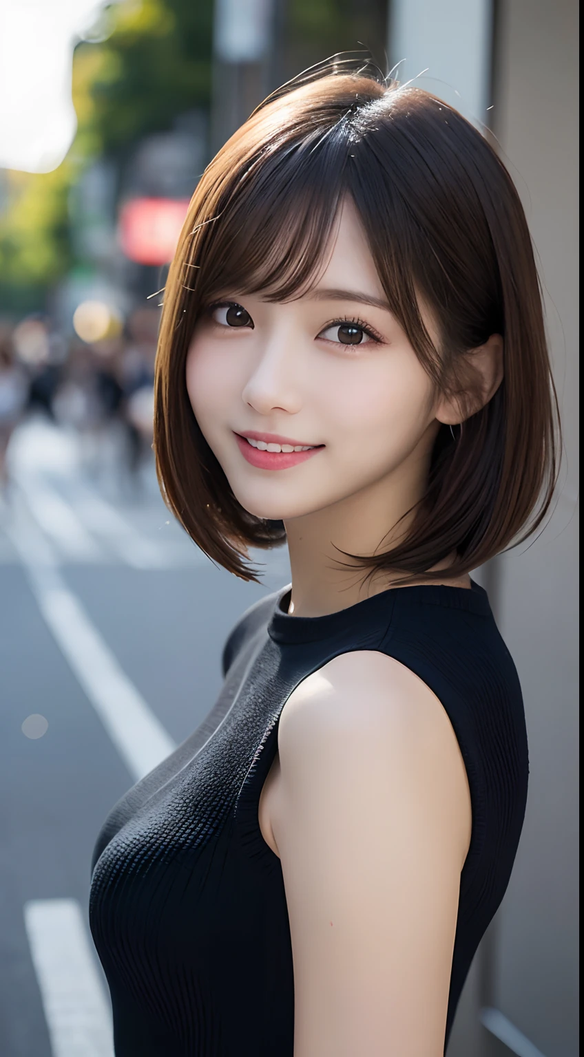 masutepiece, Best Quality, Illustration, Ultra-detailed, finely detail, hight resolution, 8K Wallpaper, Perfect dynamic composition, Beautiful detailed eyes, Women's Fashion,Very short hair,Small breasts natural color lip, Bold sexy poses,Smile,Harajuku、20 years girl、Cute、Sexy shot looking at camera