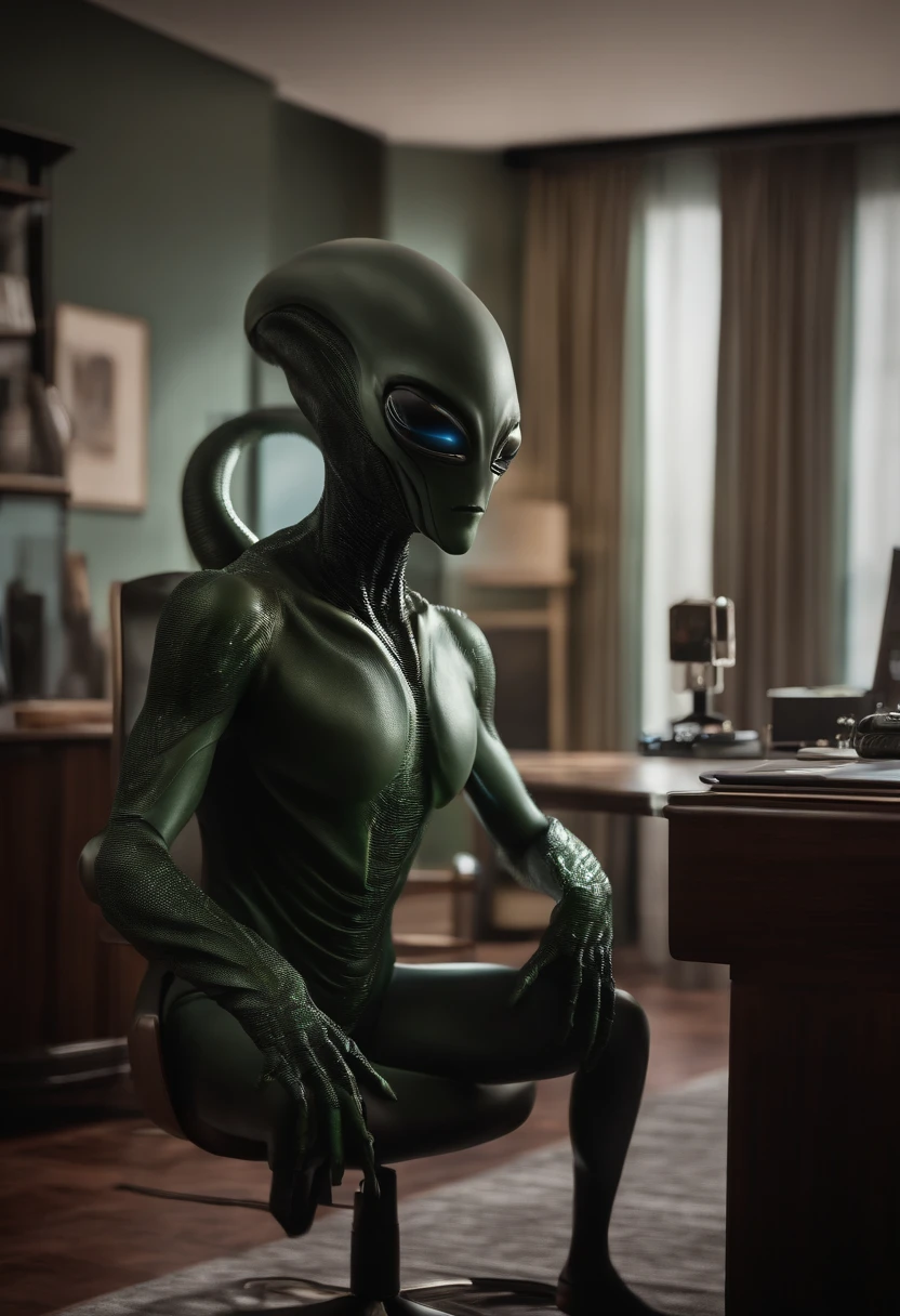 An alien creature with an oval head, 2 olhos pretos grandes, Behind a desk hosting a television show [插圖] durante (melhor qualidade,4k,8k,Alto,Obra prima:1.2), ultra detalhado, (realista,fotorrealista,fotorrealista:1.37), HDR, UHD, studio lighting, extreme detail description, profissional, vivid colors, Bokeh, [artista conceitual], [science-fiction], [retrato], [paisagem].