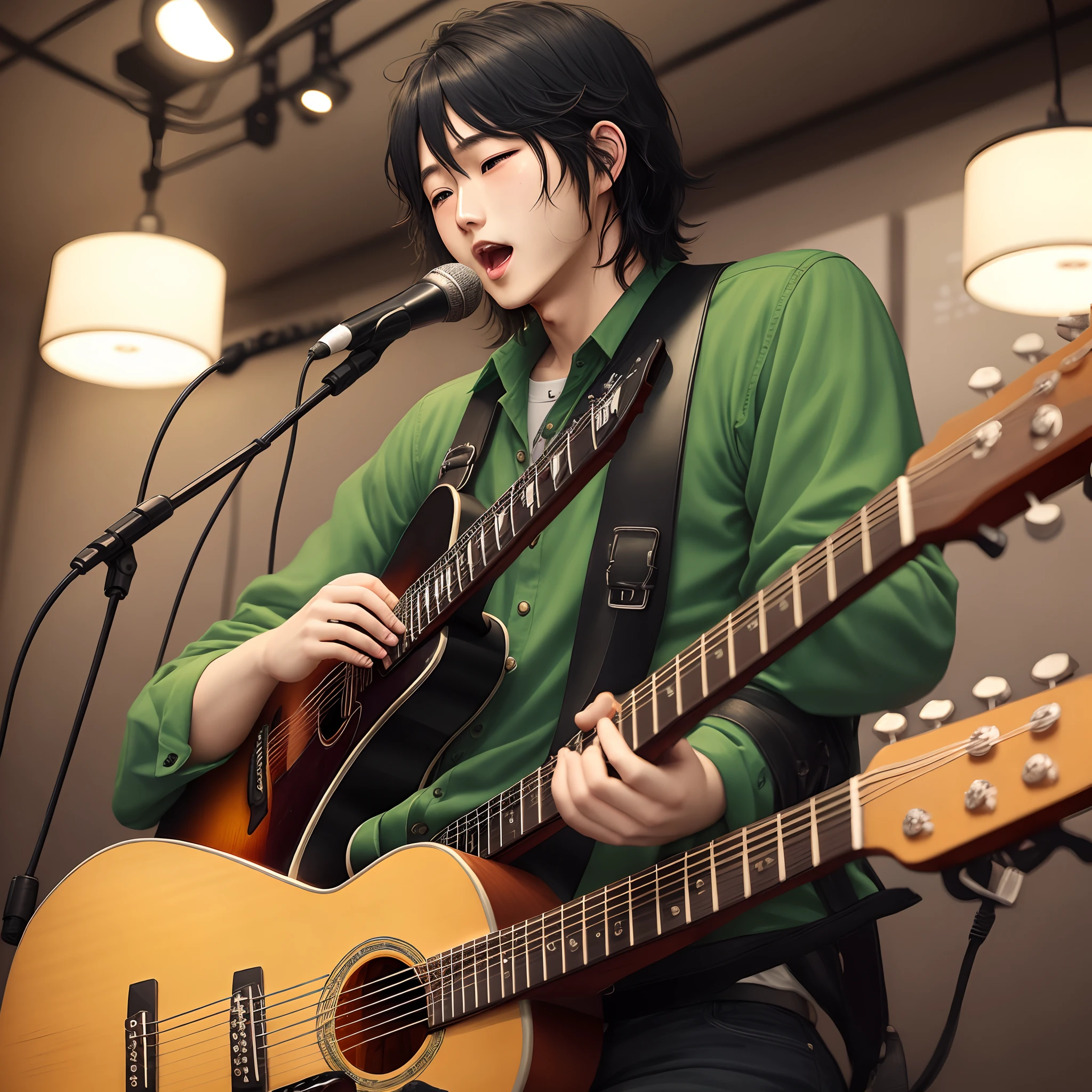 Men's、guitarrist、acoustic、Singing、Black hair、Center division、wave、Sauce order、Gentle、25-years old、animesque、green clothing