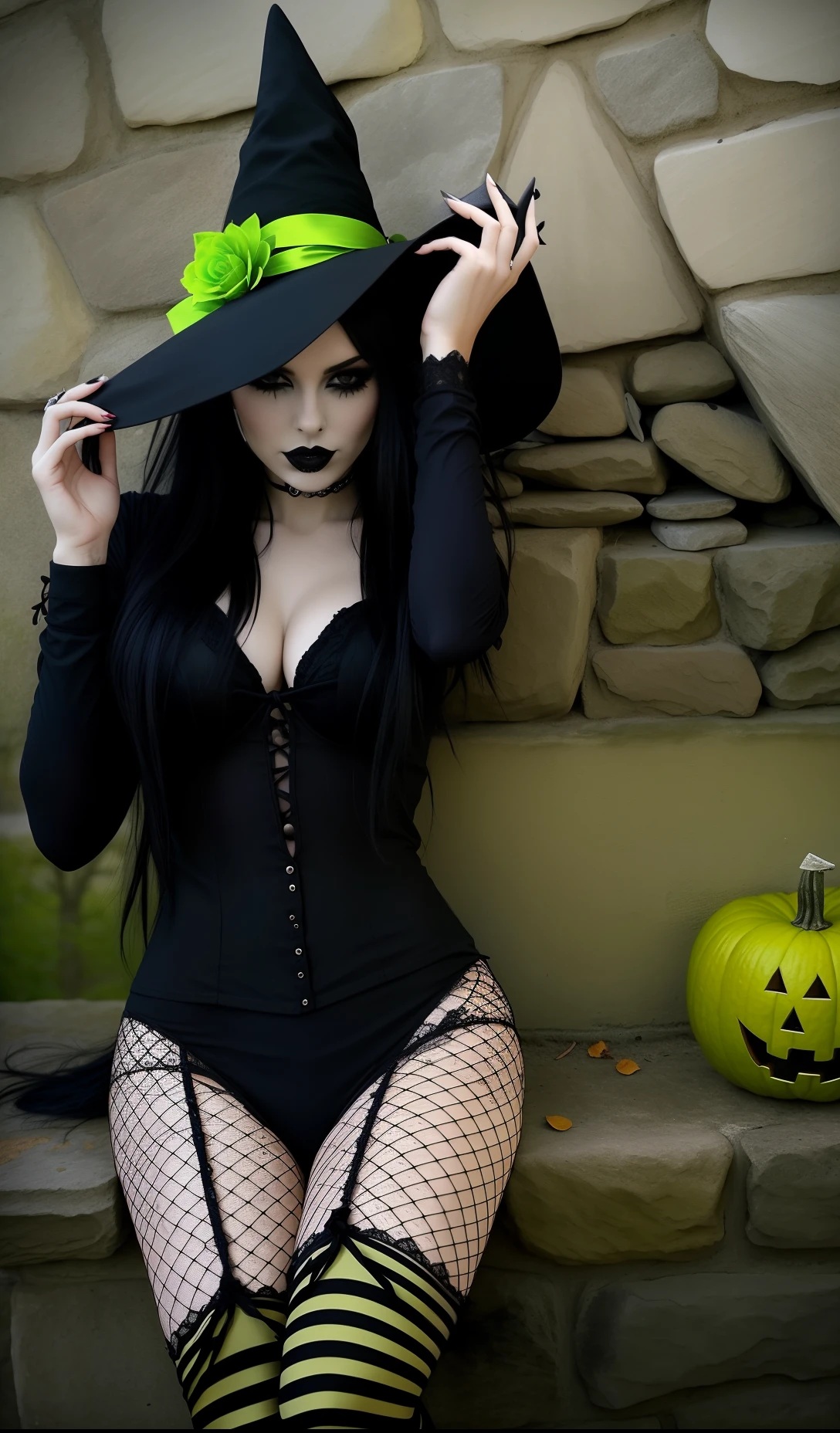 Witch sitting on a stone ledge with a hat and a pumpkin, bruxa escura da moda, gothic horror vibes, Witchy, Bruxa das Trevas, wearing black witch hat, classical witch, goth woman, beautiful witch female, Bruxa malvada feminina bonita, bruxa feminina bonita, very beautiful goth top model, bruxa, beautiful witch spooky female, mulher bruxa, Gothic fashion, goth girl, estilo anime todo detalhado, halloween 🎃