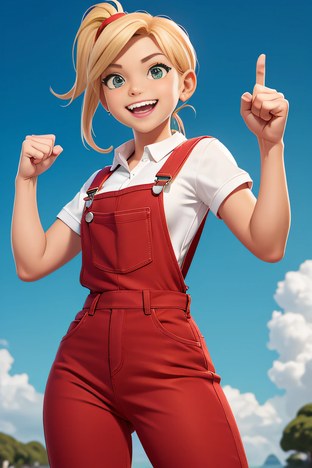 Same Reference Character,  headpe, Costas, Laterais, parte de traz, (corpo inteiro: 1.2), Menina dos desenhos animados, with a fist in hand, Pointing your arms to the sky, Eating Victory, wearing red overalls, com bolsos amarelos, blonde hair ponytail, olhos morron, sorriso mostrando os dentes, ((Feliz: 1:1)), (red pants: 1.1), (Green suspenders: 1.1), (fundo do gradiente da branco claro: 1.1)