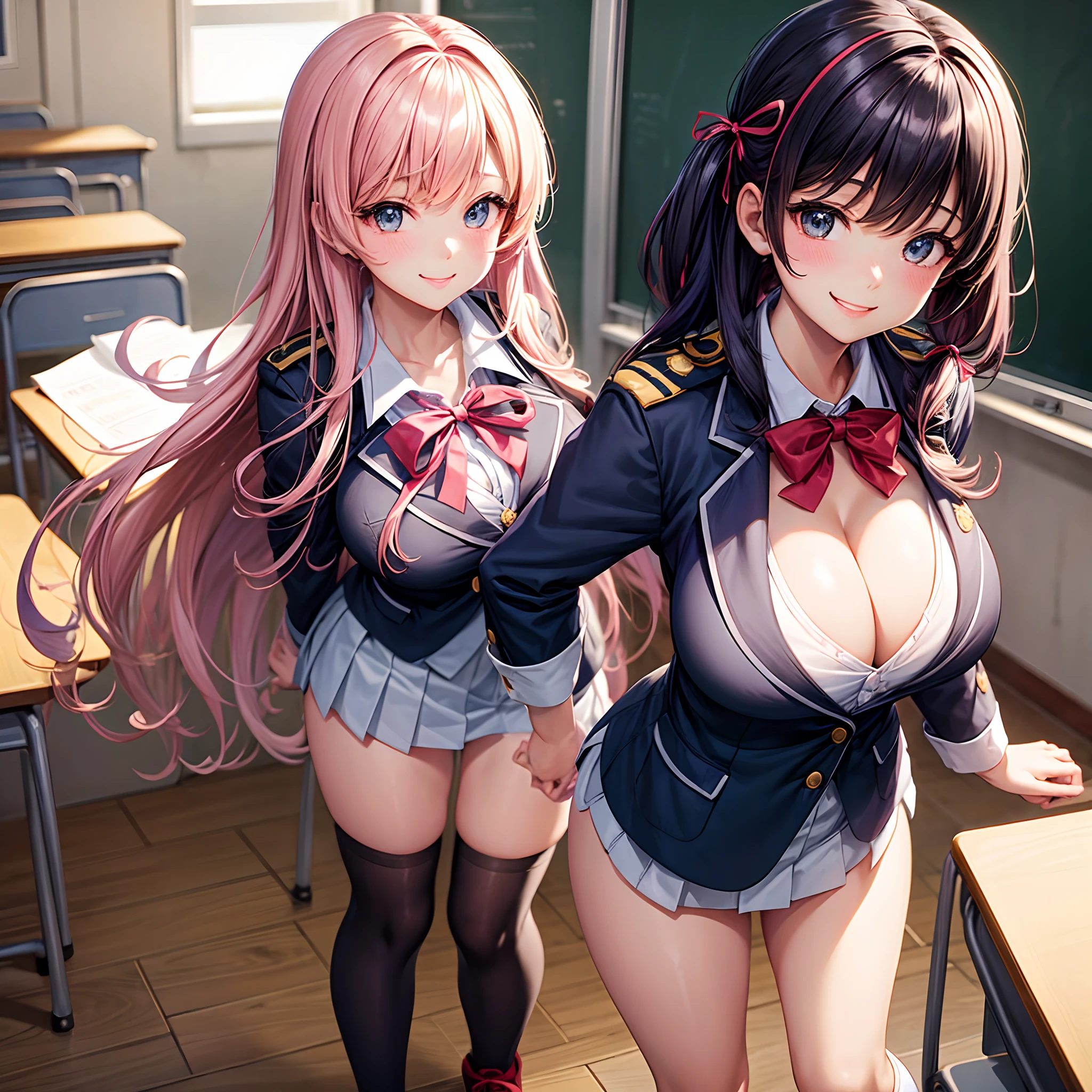 Best Quality, girl, Uniform with ribbon, Cute Blazer, Smiling, cleavage, Beautiful Girl, huge tit, Loose socks, Perfect beauty, School Campus, Multi-colored hair, stunning figure, happy girl，​masterpiece，‎Classroom，