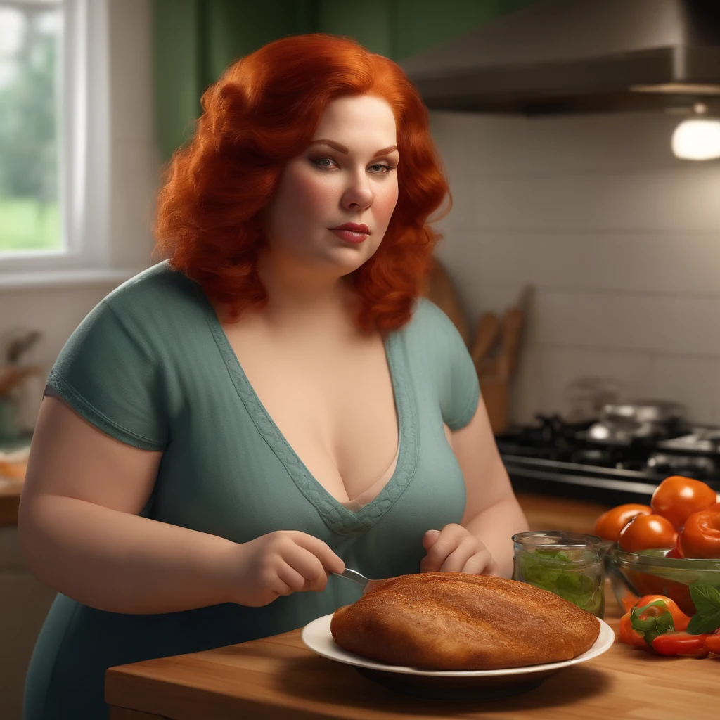 Photorealistic, High Resolution Very Fat Woman, redhead, cozinha,comendo