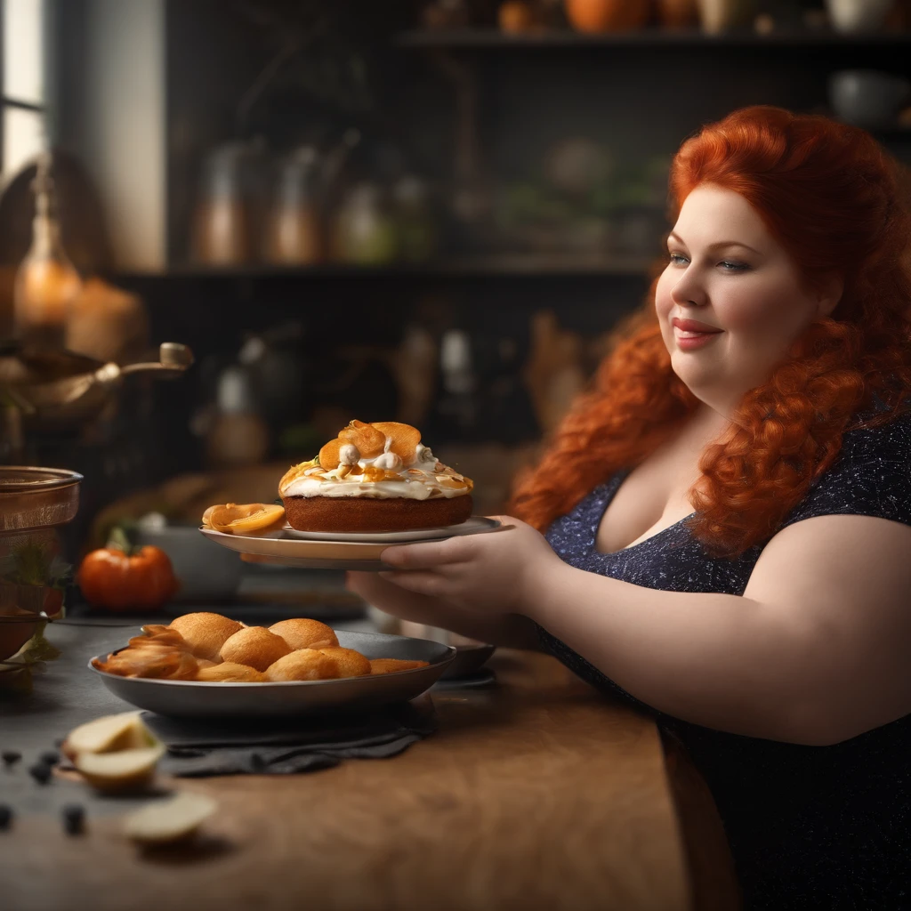 Photorealistic, High Resolution Very Fat Woman, redhead, cozinha,comendo