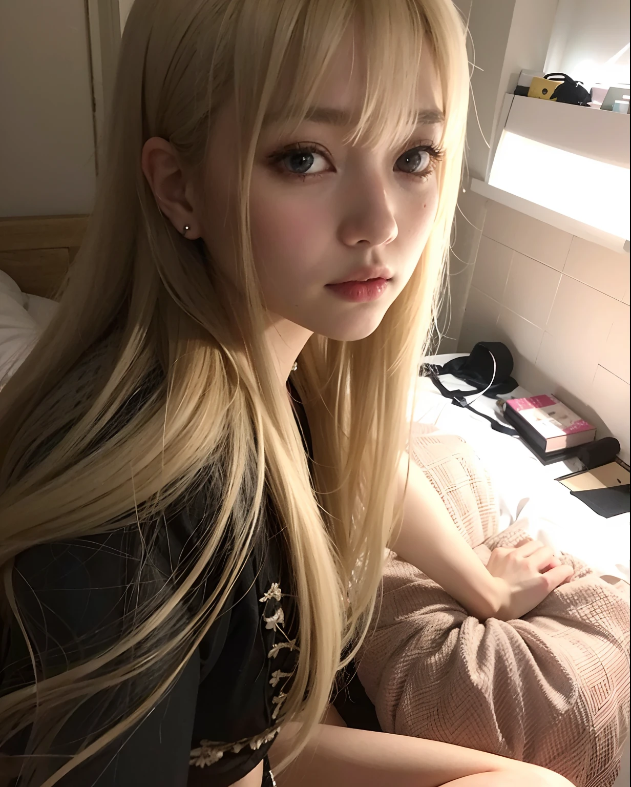 chica rubia con pelo largo sentada en la cama en el dormitorio, Lalisa Manobal, Lalisa Manoban de Blackpink, Cabello largo con flequillo completo, Cabello largo y blanco y flequillo, Parque Roseanne de Blackpink, con flequillo completo, Jossi de Blackpink, Pelo largo con flequillo, con flequillo, El Corte Hime, Misa Amane *