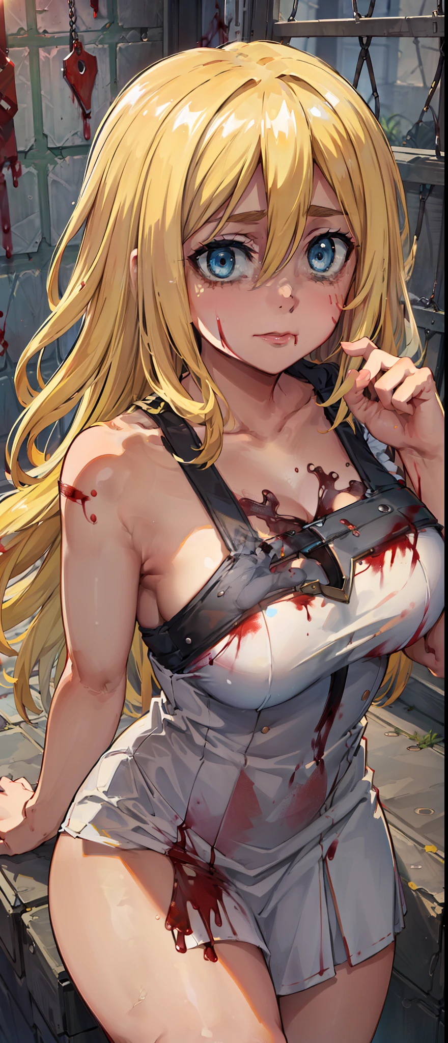 (day:1.7), Forest background,
sitting on the floor,sleeveless,((((the girl is a thug, blood on hands, blood on hair, dominant mistress, prison, doing something sadistic and savage)))), thighs,
blonde hair,blue eyes,bangs, Long_hair,(hair between eyes:1.3),
1 girl, 20yo,mature female,Beautiful Finger,Beautiful long legs,Beautiful body,Beautiful Nose,Beautiful character design, perfect eyes, perfect face,
looking at viewer, in the center of the image,focus on face,
NSFW,official art,extremely detailed CG unity 8k wallpaper, perfect lighting,Colorful, Bright_Front_face_Lighting,
(masterpiece:1.0),(best_quality:1.0), ultra high res,4K,ultra-detailed,
photography, 8K, HDR, highres, absurdres:1.2, Kodak portra 400, film grain, blurry background, bokeh:1.2, lens flare, (vibrant_color:1.2)
(Beautiful,Large_Breasts:1.2), (beautiful_face:1.5),(narrow_waist), scared expression