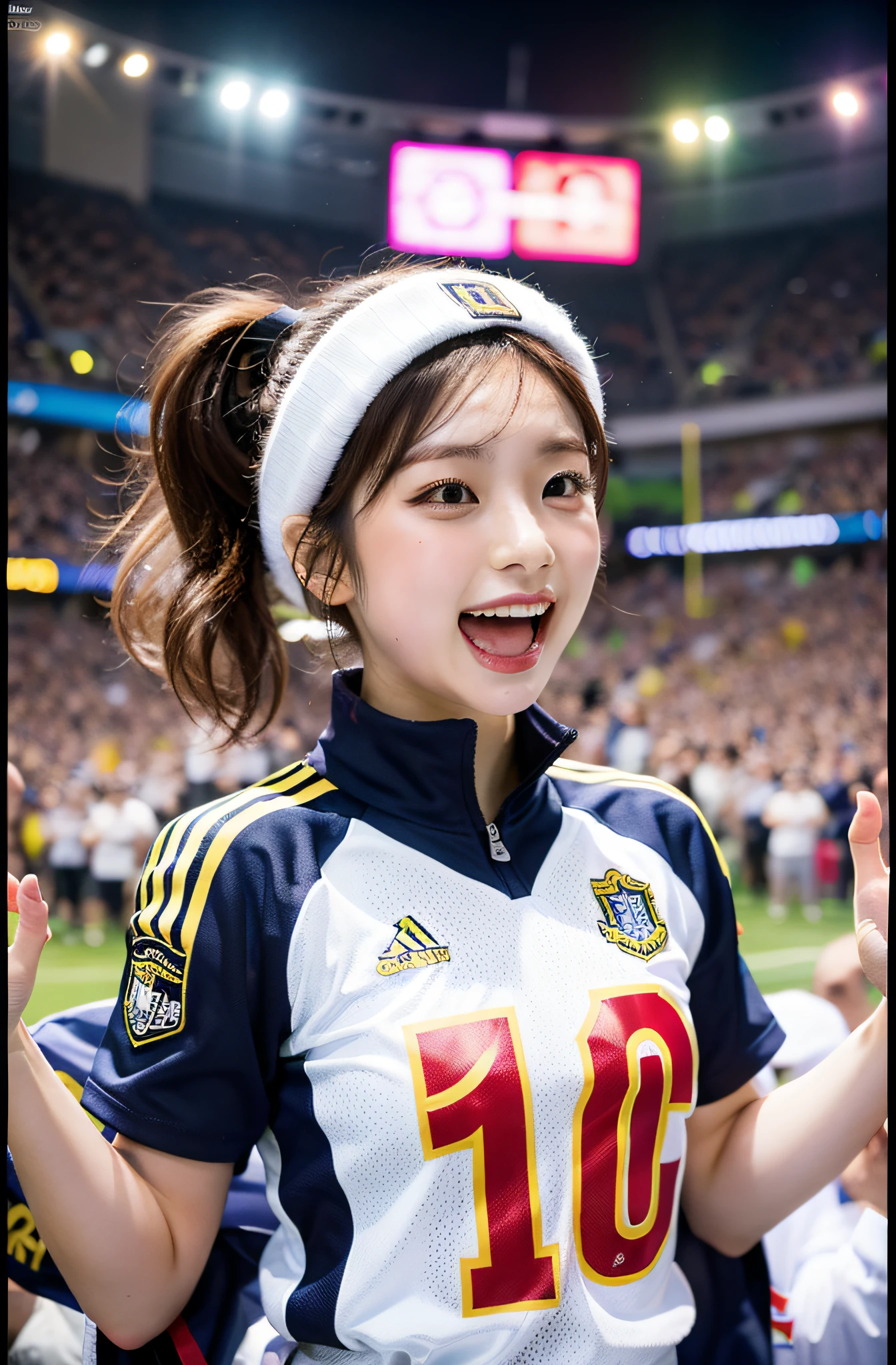 Morning Musume no Eri, Wear football player clothes, In the midst of her goal celebration. The background captures the excitement of the audience, Eta、Her teammates are starting to surround her with celebrations, Highlight the intricate details of her beauty and outfit. Medium: Photography, , Soothing tones with pops of bright colors from Eli's outfit, Composition: captured with a Canon EOS 5D Mark IV DSLR camera, EF 50mm f/1.8 STM lens, Resolution 30.4 megapixels, ISO sensit: 32,000, Shutter speed 8000 second. --ar 16:9 - V5.1 --Style raw --Q 2 --S 750