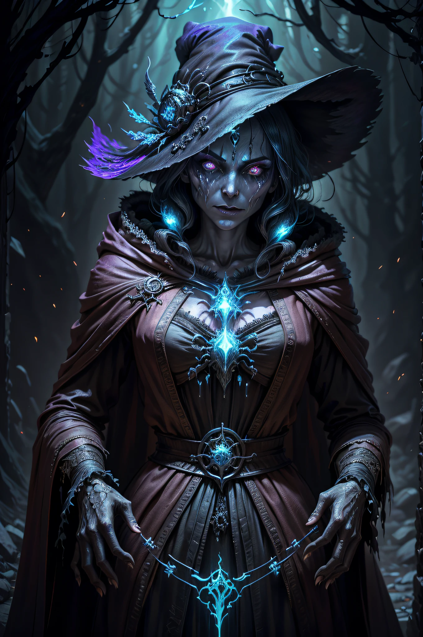 A bone-chillingly mystical bioluminescent warlock, the description brings forth vivid imagery of horror and mystique: flesh tinged with a cold glow, unnerving eyes gleaming in an otherworldly light, and a cloak exuding an eerie aura. The image can be visualized as a digitally rendered dark artwork, meticulously detailed and filled with rich, unsettling colors. The artist's skill beautifully captures the terrifying essence of the warlock, arousing a sense of fear and intrigue in viewers.