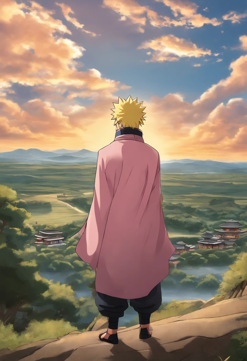 Um personagem do anime Naruto, Naruto Uzumaki, is featured in the center, com seu manto de Hokage. It is standing on top of a hill overlooking the Leaf Village, which stretches into the background with traditional houses and a huge statue of Hashirama Senju. The sky is tinged with shades of orange and pink, cortando o final de um dia agitado. Naruto looks determinedly at the horizon, pronto para proteger sua aldeia.
