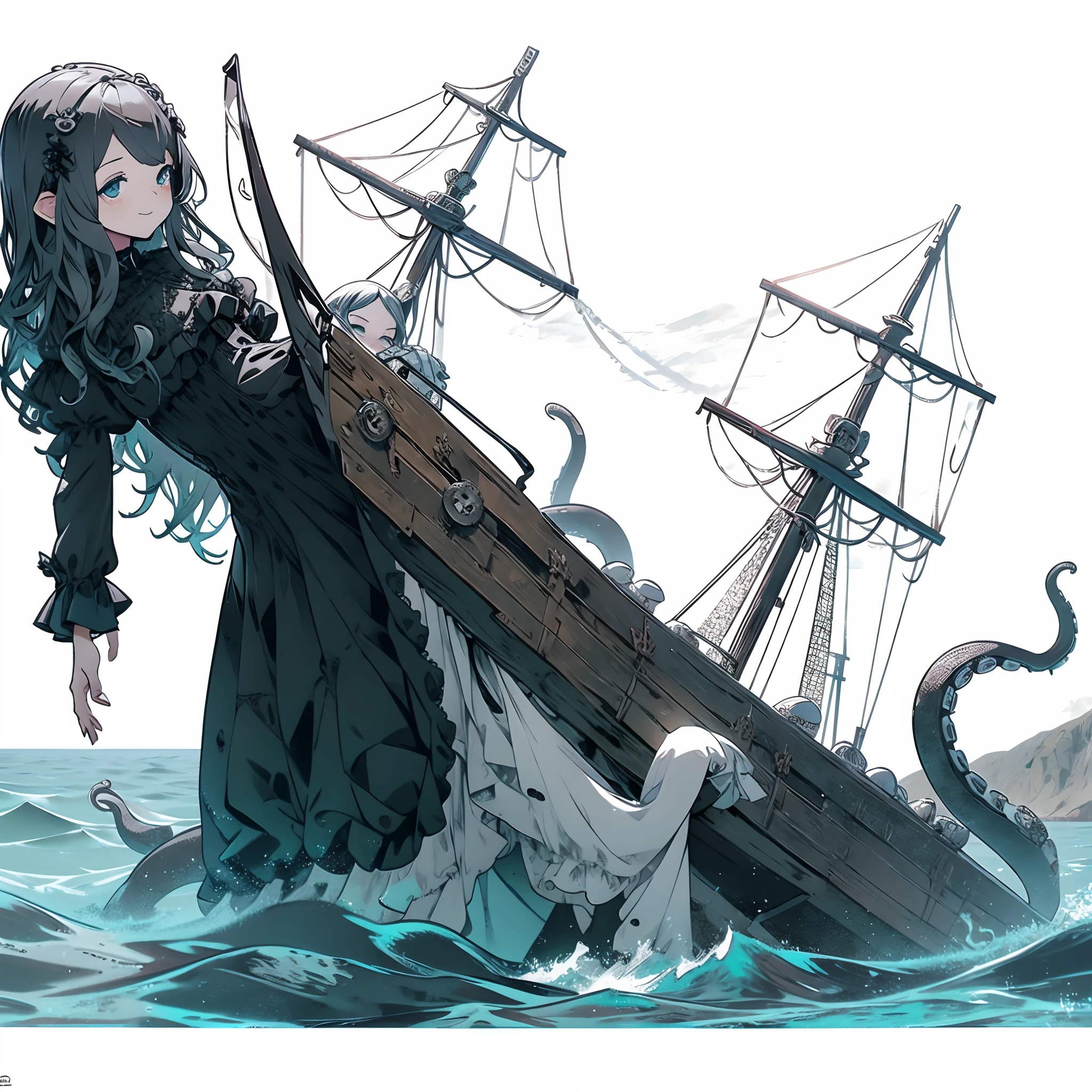 Giant girl leaning out of the sea. She wears a gothic dress. dress with ruffles. Innocent laughter.  Grab and sink the ship. Wooden boat. Tentacles extending from the sea. View from the ship.