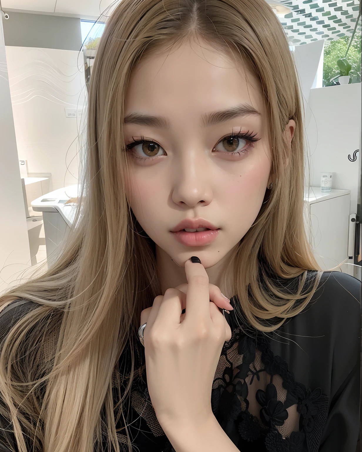 A closeup of a person with a finger on their lips, jennie pink black, beautiful south korean woman, korean idol