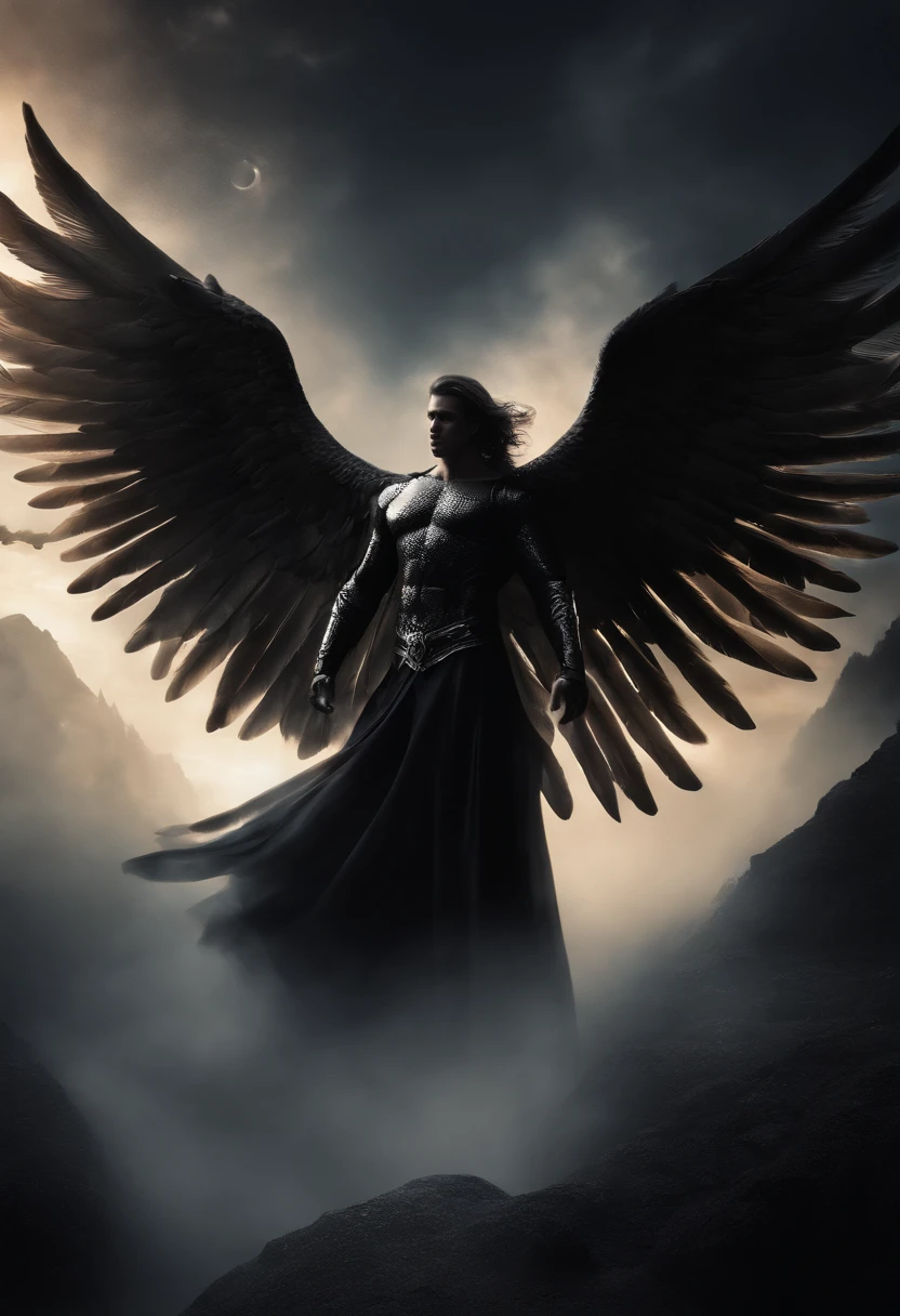 Male fallen angel with black wings, cosmico, olhos claros brilhantes, Biomechanicals, estranho, assustador, Pesadelo, cores muito brilhantes, light particles, com luz brilhante, Mshiff, Arte do papel de parede, Papel de parede UHD