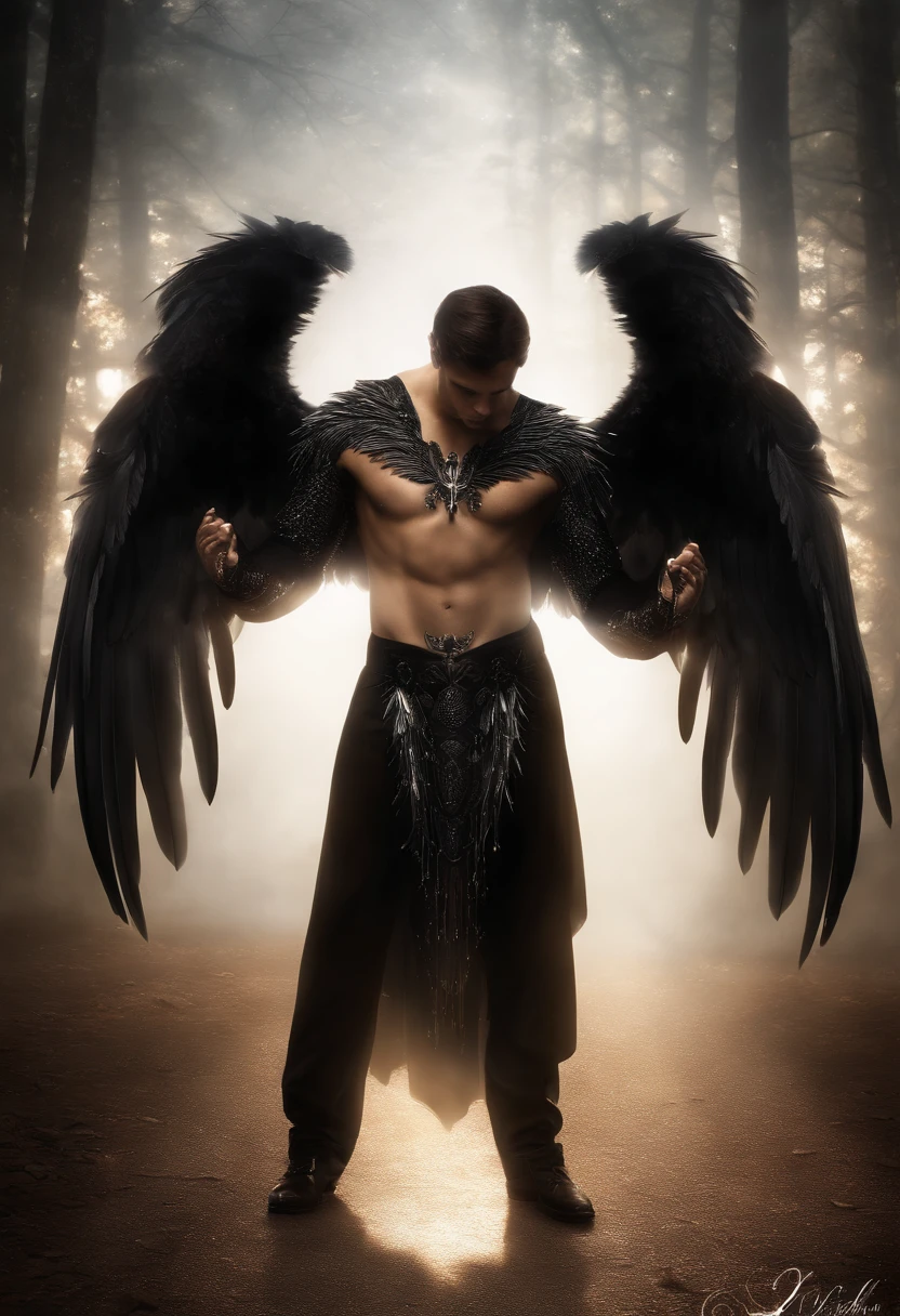 A man with wings standing in the middle of a forest - SeaArt AI