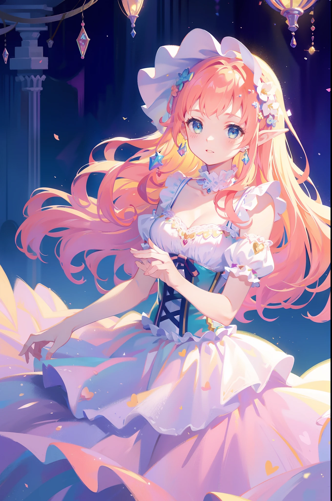 masterpiece, 8k, sharp focus, high resolution, princess, beautiful girl, fantasy princess dress, puffy multi-layered tiered ballgown, corset, collar, sharp focus, intricately detailed dress design, colorful, whimsical, fantasy, magical