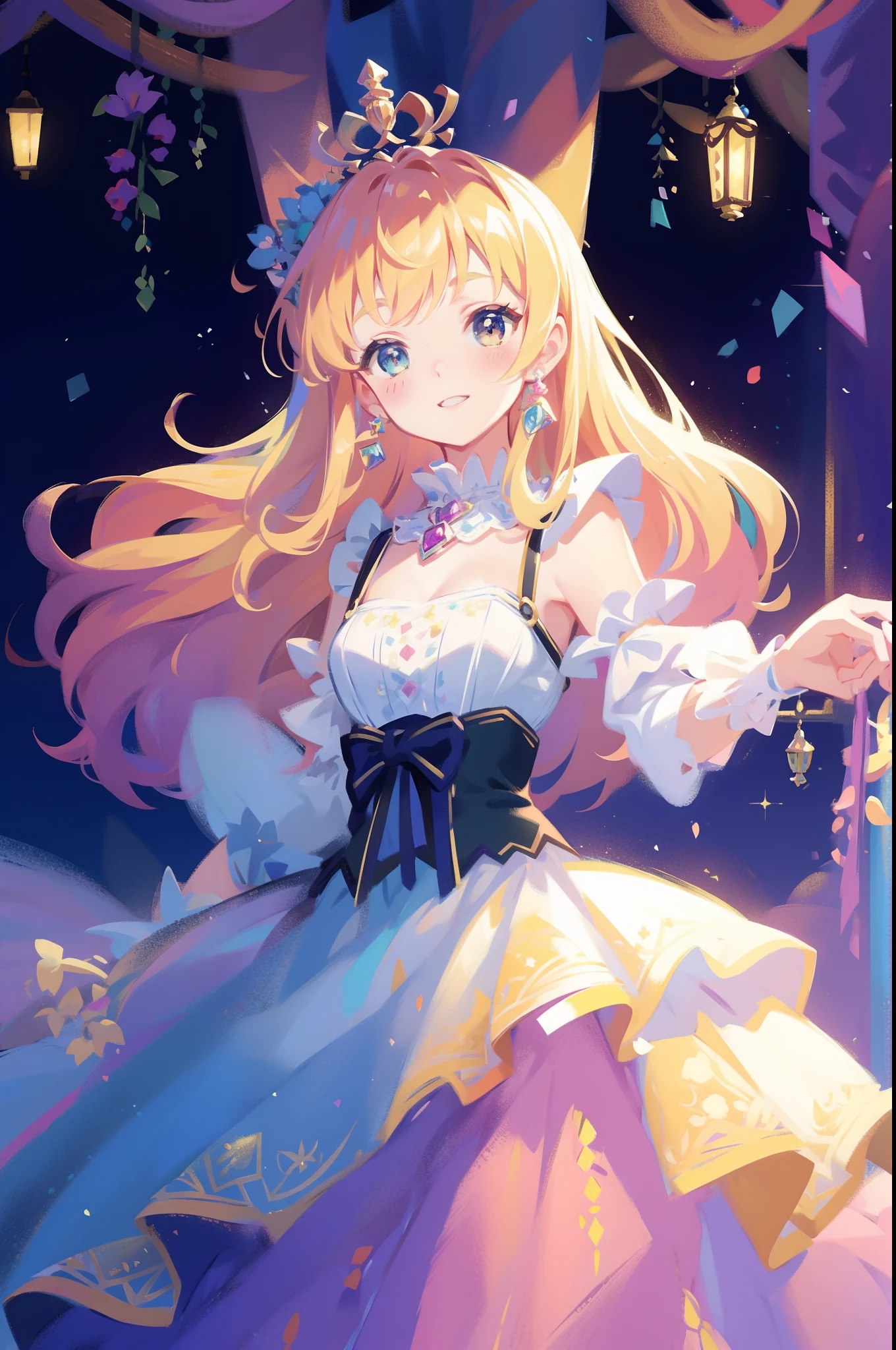 masterpiece, 8k, sharp focus, high resolution, princess, beautiful girl, fantasy princess dress, puffy multi-layered tiered ballgown, corset, collar, sharp focus, intricately detailed dress design, colorful, whimsical, fantasy, magical
