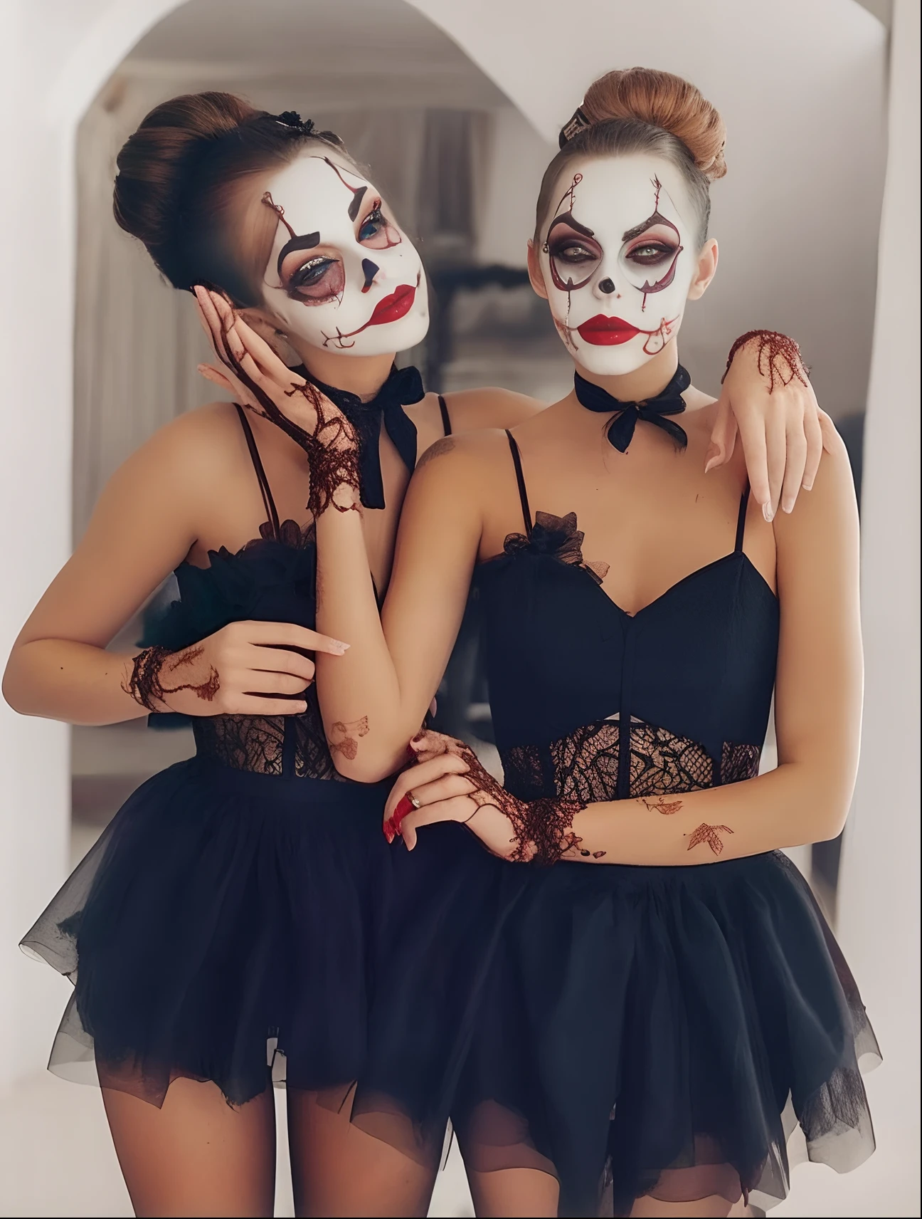 Duas mulheres em trajes com maquiagem e maquiagem posam para uma foto, olhar assustador, estilo assustador, dia de muertos vestido e maquiagem, traje estranho assustador, beautiful gemini twins, creepy themed, intricate clown makeup, gothic horror vibes, clown makeup, Directed by: Emma Andijewska, apavorado 👿, Siamese twins, sedutora e aterrorizante, estilo anime todo detalhado, halloween 🎃