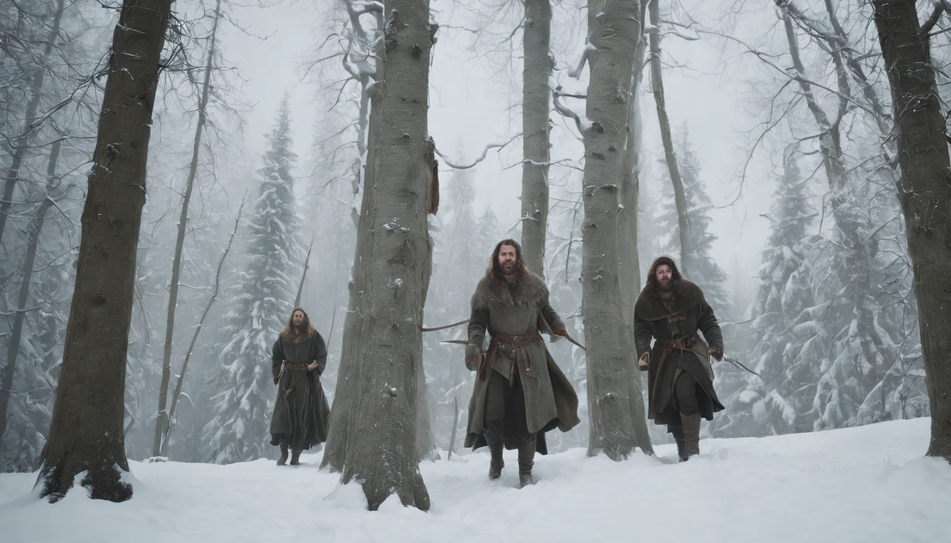 (best quality, 8k, photorealistic), three medieval bodies hanging from trees by ropes, snow-covered landscape, midnight, dark and chilling atmosphere, eerie and mysterious, cinematic scene from a film, a scene that sends shivers down the spine.