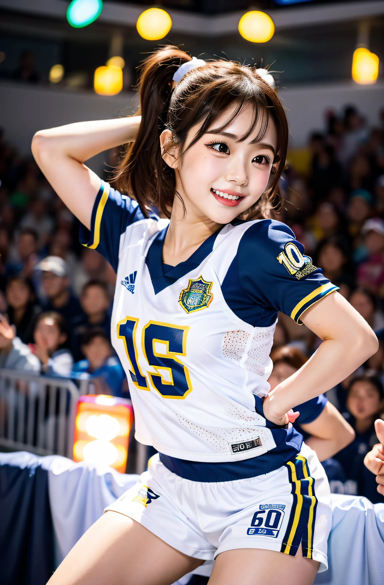 Morning Musume no Eri, Wear football player clothes, In the midst of her goal celebration. The background captures the excitement of the audience, Eta、Her teammates are starting to surround her with celebrations, Highlight the intricate details of her beauty and outfit. Medium: Photography, , Soothing tones with pops of bright colors from Eli's outfit, Composition: captured with a Canon EOS 5D Mark IV DSLR camera, EF 50mm f/1.8 STM lens, Resolution 30.4 megapixels, ISO sensit: 32,000, Shutter speed 8000 second. --ar 16:9 - V5.1 --Style raw --Q 2 --S 750