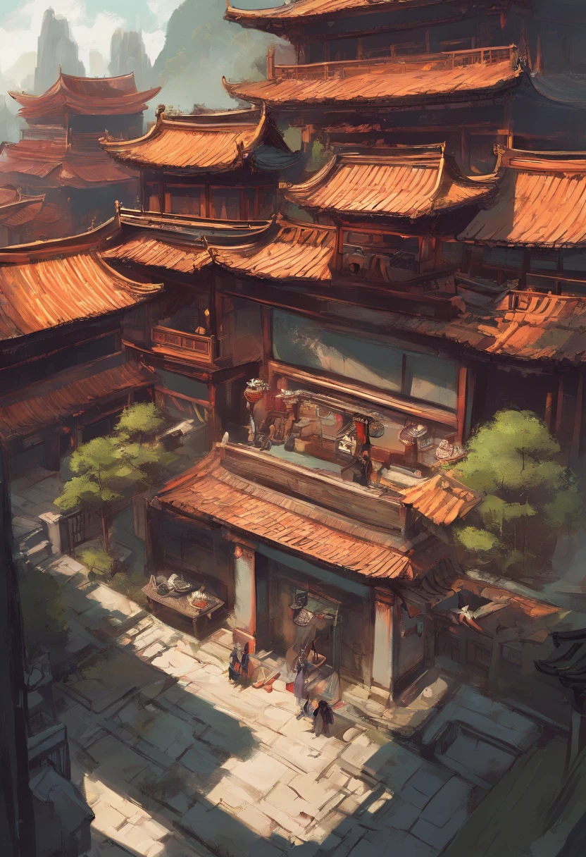 The top-down view is below the courtyard，The family surrounds a small child，Chinese style ,