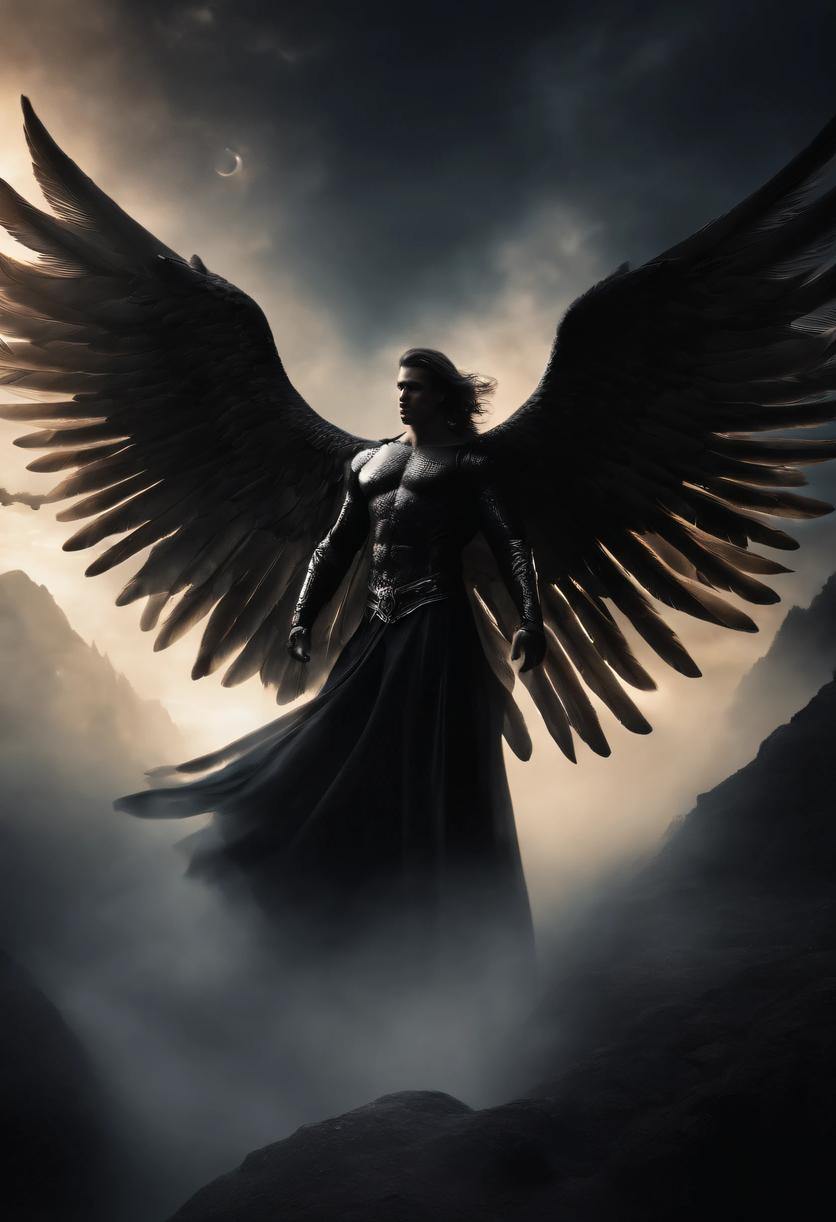 Male fallen angel with black wings, cosmico, olhos claros brilhantes, Biomechanicals, estranho, assustador, Pesadelo, cores muito brilhantes, light particles, com luz brilhante, Mshiff, Arte do papel de parede, Papel de parede UHD