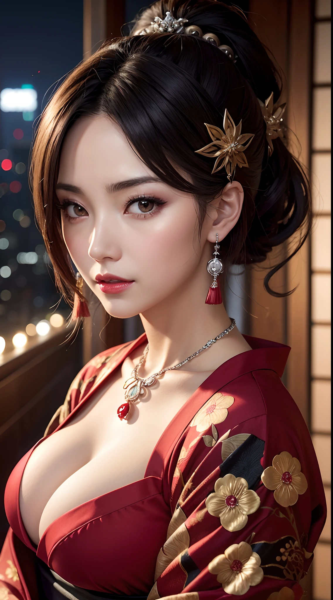 (hyper realstic)、Modern Oiran、(Female Ninja of the 21st Century)､Beautie　　high-level image quality　hight resolution　(Realistic)　Shorthair､Woman with dark hair、A MILF、Middle-aged woman、Big big、Detailed red-black 、detailed skin textures、超A high resolution、Realistic、Voluptuous body shape、angry looking face、Middle-aged beauty、Beautiful expression、With detailed red-black areola 、detailed brown eyes、long fluffy hair、Kamimei、Very delicate and detailed skin texture、35 years old、{There is a helipad at night((Being on the roof of a skyscraper))}、Modern Oiran、Large cleavage、Large open neckline、bright red lips、Wearing gorgeous clothes, Luxurious and luxurious kimono、ear ornament、Silver collar and necklace、gorgeous hair decoration、