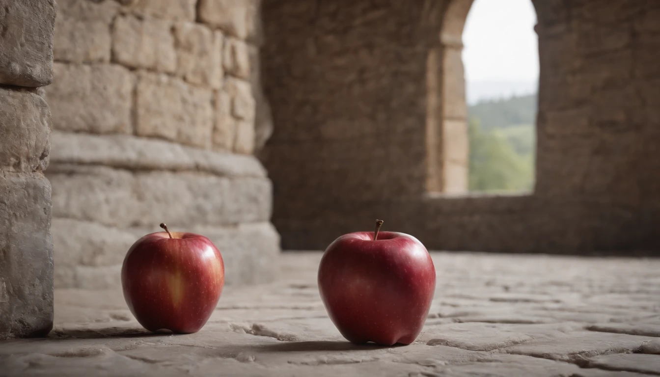 (best quality, 8k, photorealistic), red apple dropped on a medieval castle hallway floor, cinematic, cinematic scene from film, day