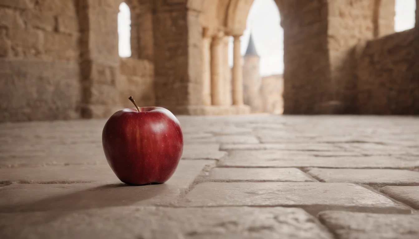 (best quality, 8k, photorealistic), red apple dropped on a medieval castle hallway floor, cinematic, cinematic scene from film, day