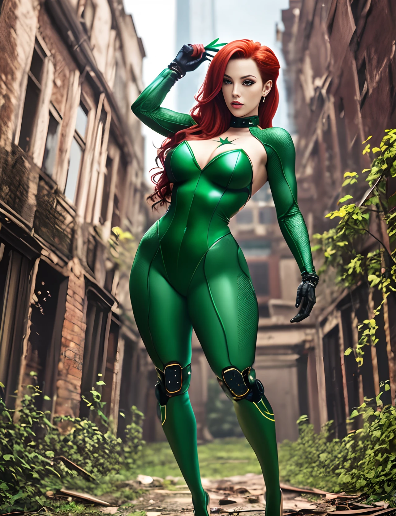Larissa Manoela as Poison Ivy, wide hip, full body, graceful curves, cybernetic leotard, extreme beauty, in abandoned garden --auto --s2