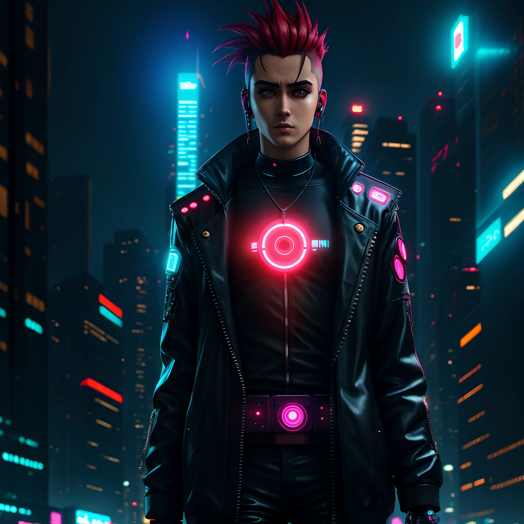 Cyberpunk style man in front of big metropolis ultra realistic anime style