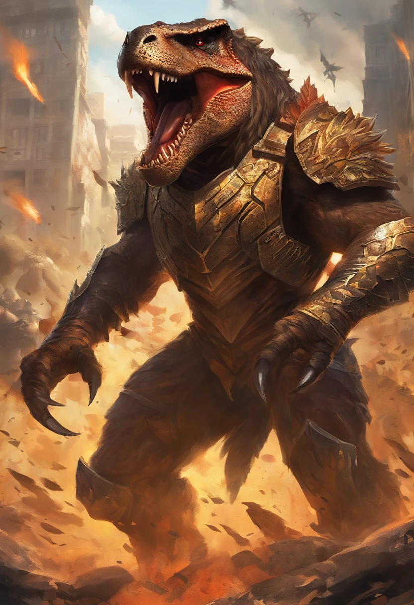 (best quality,4k,8k,highres,masterpiece:1.2),ultra-detailed,(realistic,photorealistic,photo-realistic:1.37),T-rex,battle armor,action pose,detailed scales,sharp teeth and claws,intense battle scene,vibrant colors,dynamic lighting,explosive energy,heroic stance,powerful presence,fierce battle scars,metallic armor plating,thundering footsteps,splintered debris,fierce determination,roaring with fury,surrounded by destruction,massive size and strength,dusty battlefield backdrop,feathers elegantly flowing,dynamic movement and motion,strategic battle strategy,ominous atmosphere,intense battle expression,breathing fire and smoke,showcasing dominance and power,casting shadows on the ground,partially demolished buildings,striking fear into enemies,fire and explosions in the background,feeling the ground shake,awe-inspiring sight,dramatic composition,wide-angle perspective,showcasing the epic nature of the battle,thick and muscular body,ferocious and primal instincts,exuding raw power,imposing presence in the frame,war paint patterns on armor,finely crafted details on the battle armor.