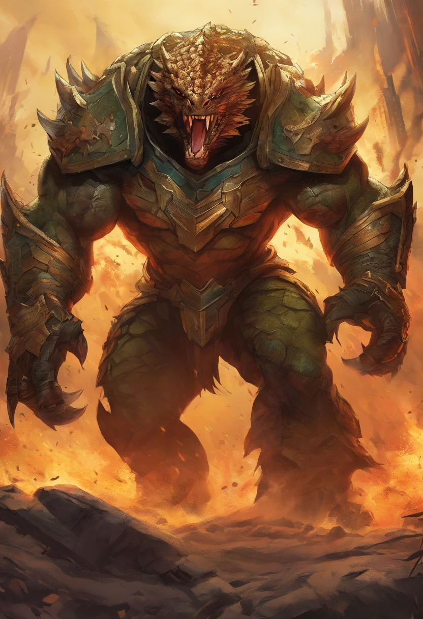 (best quality,4k,8k,highres,masterpiece:1.2),ultra-detailed,(realistic,photorealistic,photo-realistic:1.37),T-rex,battle armor,action pose,detailed scales,sharp teeth and claws,intense battle scene,vibrant colors,dynamic lighting,explosive energy,heroic stance,powerful presence,fierce battle scars,metallic armor plating,thundering footsteps,splintered debris,fierce determination,roaring with fury,surrounded by destruction,massive size and strength,dusty battlefield backdrop,feathers elegantly flowing,dynamic movement and motion,strategic battle strategy,ominous atmosphere,intense battle expression,breathing fire and smoke,showcasing dominance and power,casting shadows on the ground,partially demolished buildings,striking fear into enemies,fire and explosions in the background,feeling the ground shake,awe-inspiring sight,dramatic composition,wide-angle perspective,showcasing the epic nature of the battle,thick and muscular body,ferocious and primal instincts,exuding raw power,imposing presence in the frame,war paint patterns on armor,finely crafted details on the battle armor.