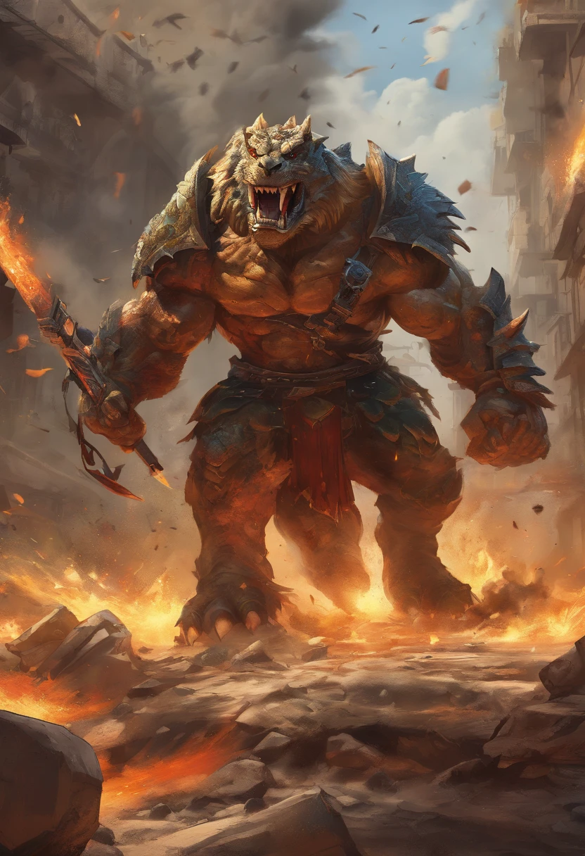 (best quality,4k,8k,highres,masterpiece:1.2),ultra-detailed,(realistic,photorealistic,photo-realistic:1.37),T-rex,battle armor,action pose,detailed scales,sharp teeth and claws,intense battle scene,vibrant colors,dynamic lighting,explosive energy,heroic stance,powerful presence,fierce battle scars,metallic armor plating,thundering footsteps,splintered debris,fierce determination,roaring with fury,surrounded by destruction,massive size and strength,dusty battlefield backdrop,feathers elegantly flowing,dynamic movement and motion,strategic battle strategy,ominous atmosphere,intense battle expression,breathing fire and smoke,showcasing dominance and power,casting shadows on the ground,partially demolished buildings,striking fear into enemies,fire and explosions in the background,feeling the ground shake,awe-inspiring sight,dramatic composition,wide-angle perspective,showcasing the epic nature of the battle,thick and muscular body,ferocious and primal instincts,exuding raw power,imposing presence in the frame,war paint patterns on armor,finely crafted details on the battle armor.