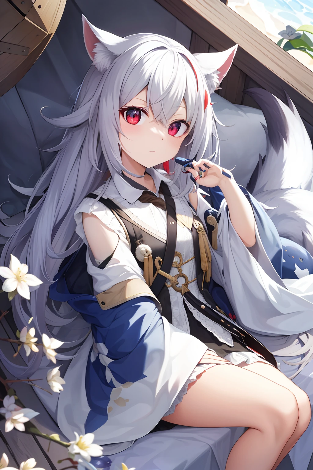 ((Masterpiece)), (Best Quality), Solo, miosha1, hair ornament, ponytail, wolf tail, swimsuit, white shorts, thigh strap, black jacket, leaf print, collar, string bikini, (NSFW:1.2)