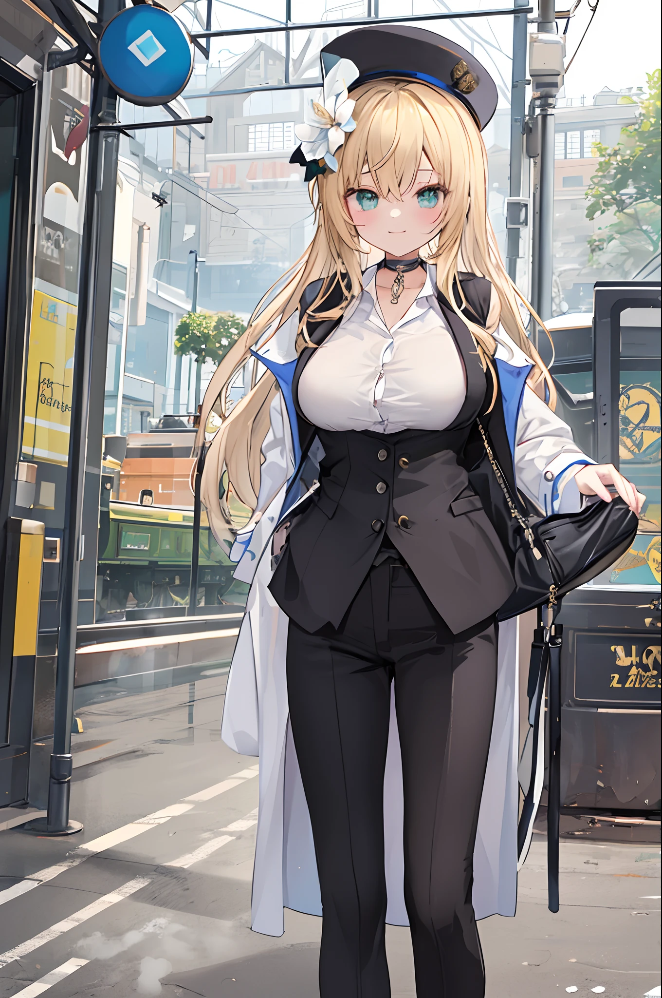 Chains，耳Nipple Ring，choker necklace，Forehead，middle parted hairstyle，femele，Train station，Steam trains，a beauty girl，Long light blonde hair，green pupills，Business suit，white business suit，in suit，White color blouse，wind coat，Cowboy hat，Flower arrangement on a hat，The streets of London，Black leather shoes，tiese，wind coat，ssmile，(huge tit)