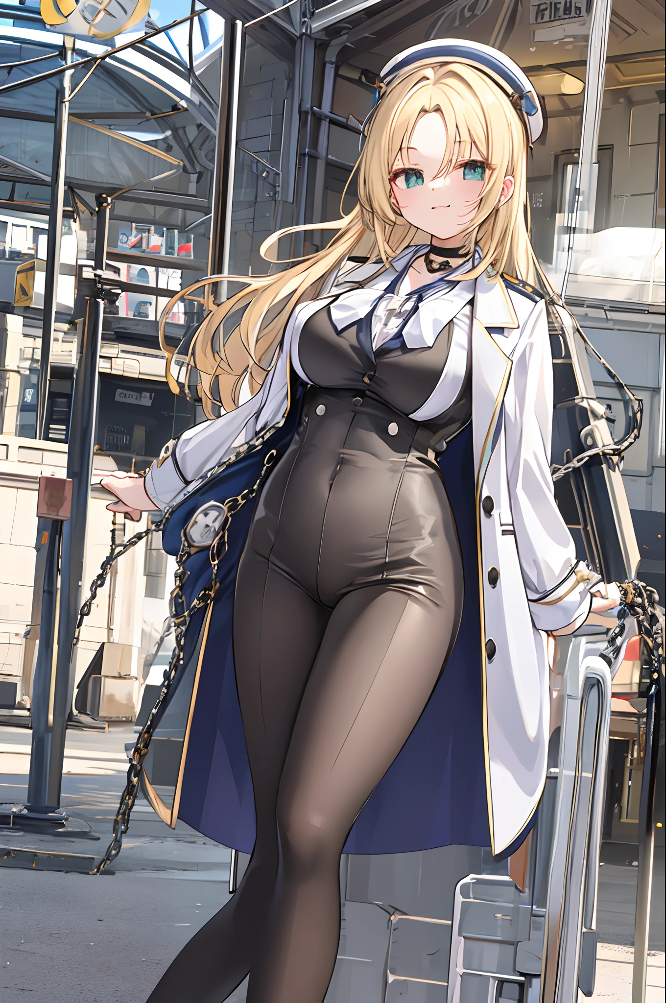 Chains，耳Nipple Ring，choker necklace，Forehead，middle parted hairstyle，femele，Train station，Steam trains，a beauty girl，Long light blonde hair，green pupills，Business suit，white business suit，in suit，White color blouse，wind coat，Cowboy hat，Flower arrangement on a hat，The streets of London，Black leather shoes，tiese，wind coat，ssmile，(huge tit)