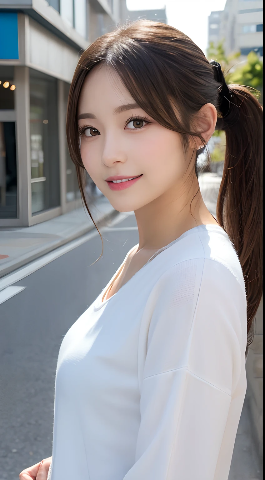masutepiece, Best Quality, Illustration, Ultra-detailed, finely detail, hight resolution, 8K Wallpaper, Perfect dynamic composition, Beautiful detailed eyes, doress,Medium Hair, Natural Color Lip, Random and sexy poses,Smile,Aoyama Street Walk、20 years girl、Ponytail hair、Bun hair、