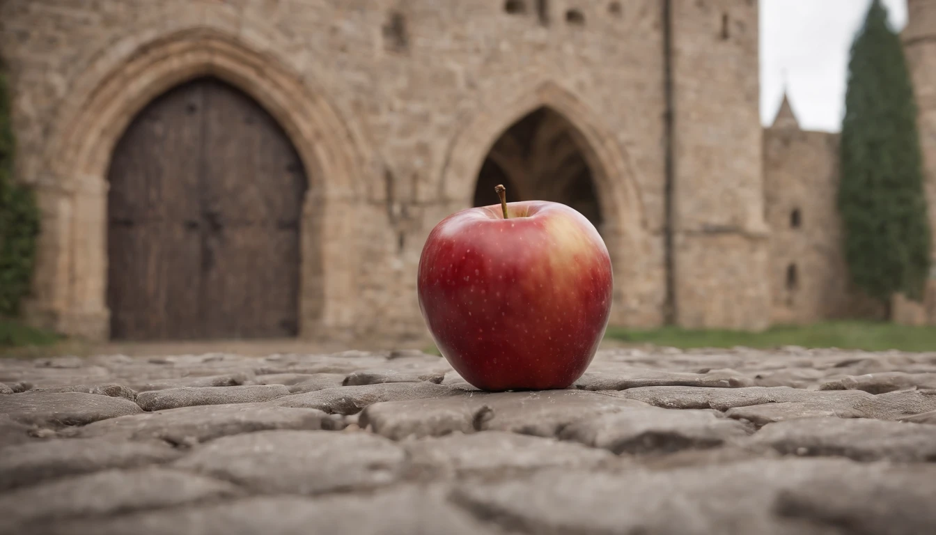 (best quality, 8k, photorealistic), a bitten red apple dropped on a medieval castle floor, cinematic, cinematic scene from film, day