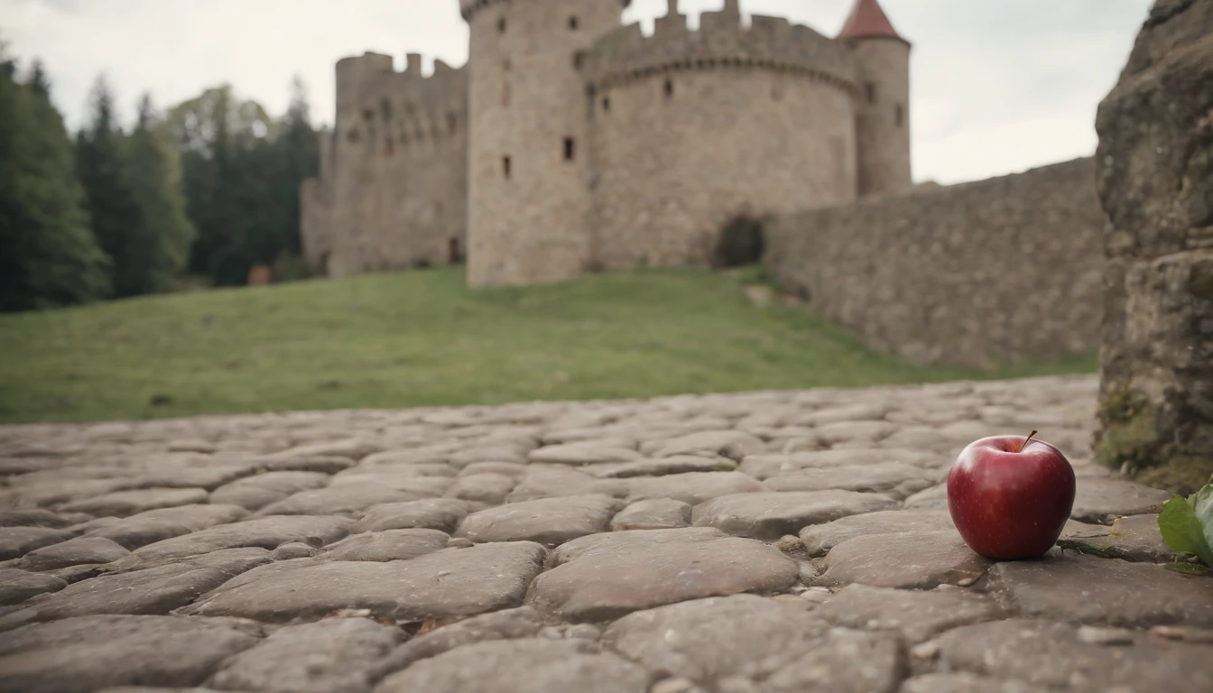 (best quality, 8k, photorealistic), a bitten red apple dropped on a medieval castle floor, cinematic, cinematic scene from film, day