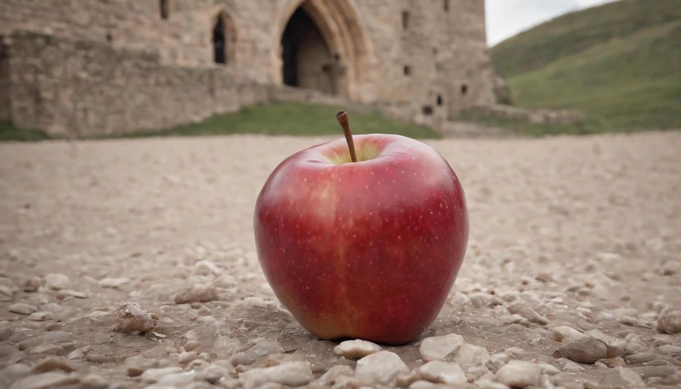 (best quality, 8k, photorealistic), a bitten red apple dropped on a medieval castle floor, cinematic, cinematic scene from film, day