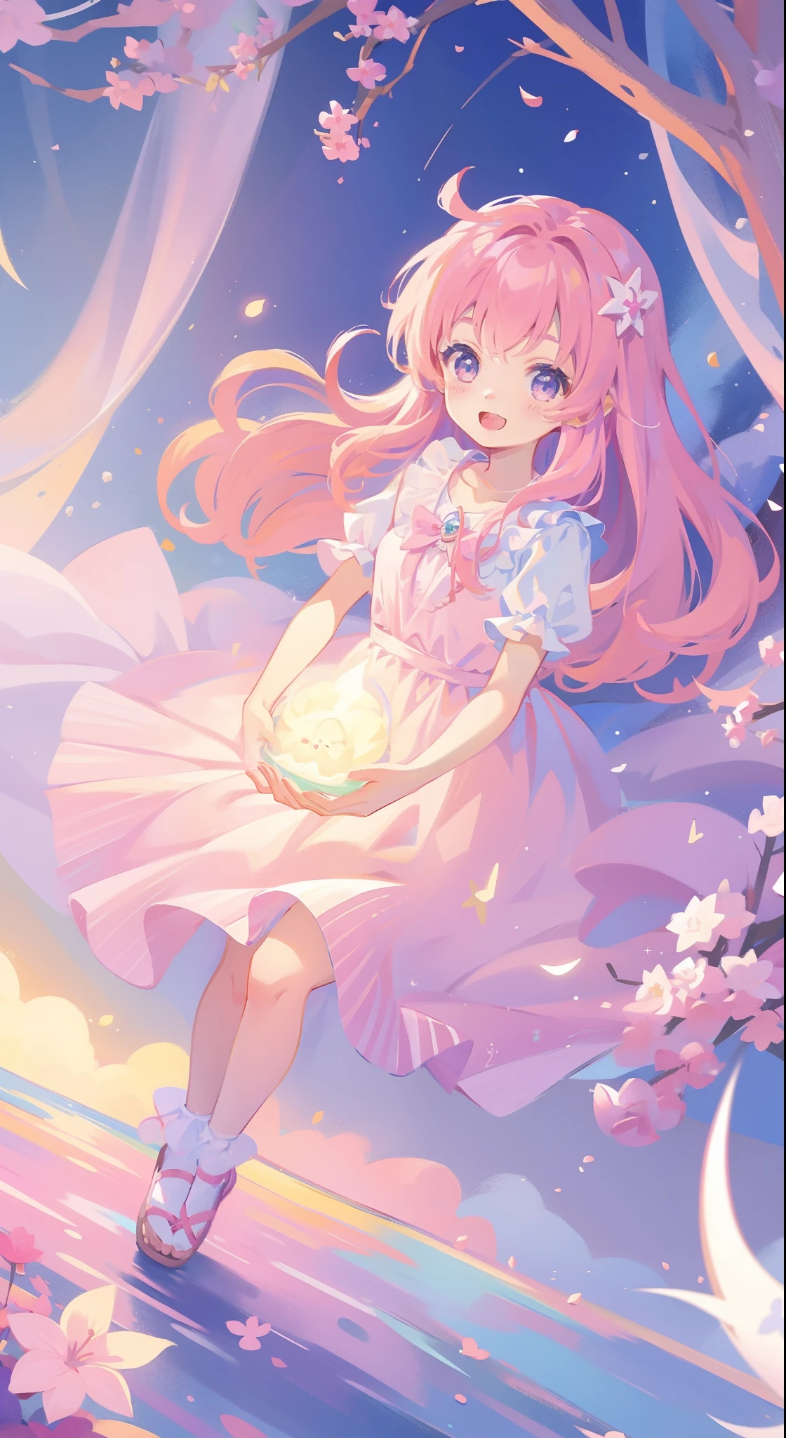 One girl、magical little girl、​masterpiece、top-quality、Top image quality、cute little、A pink-haired、long twin tail hair、Magical Girl Costumes、magia、uses magic