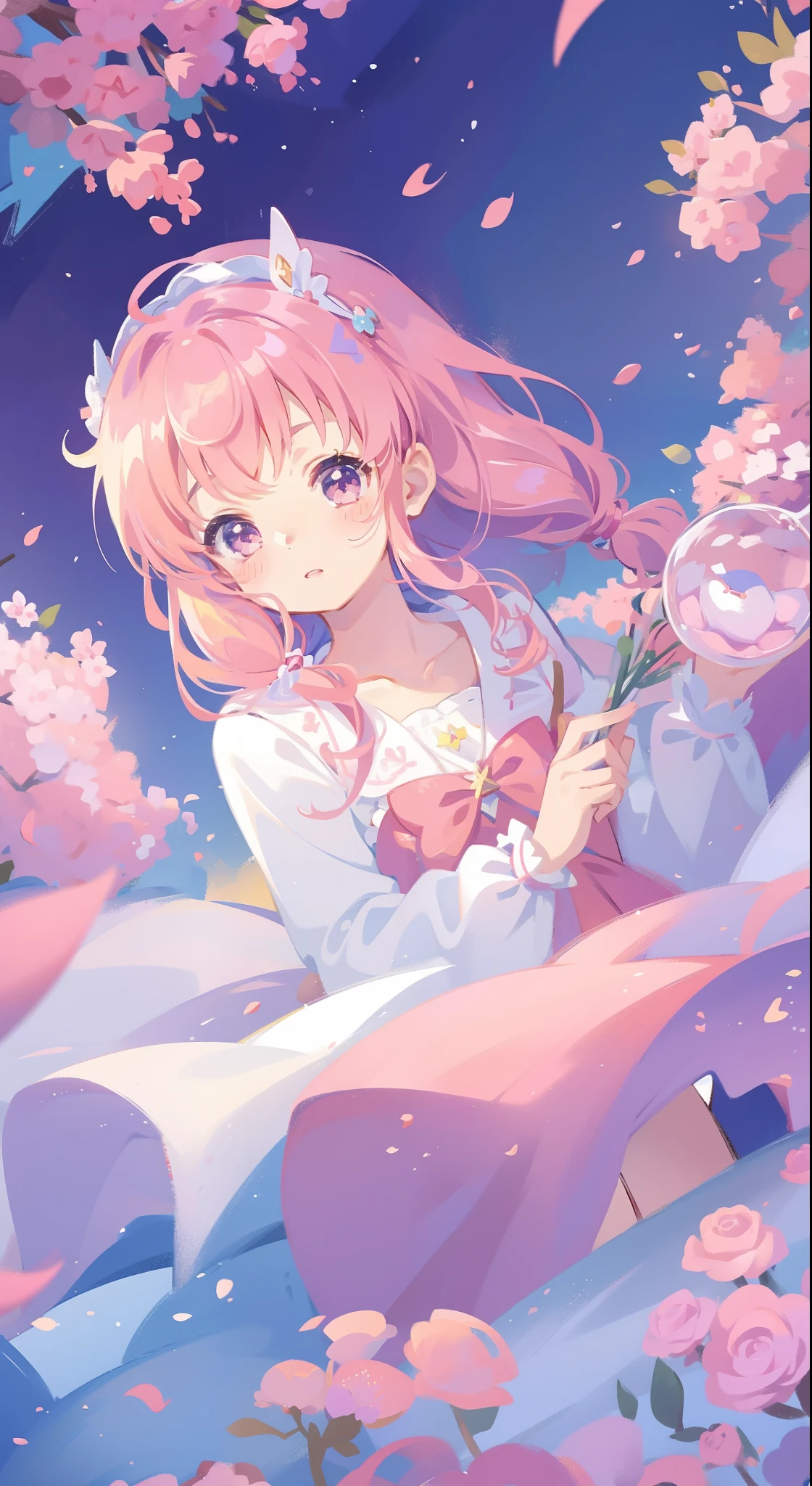 One girl、magical little girl、masterpiece、top-quality、Top image quality、cute little、A pink-haired、long twin tail hair、Magical Girl Costumes、magia、uses magic