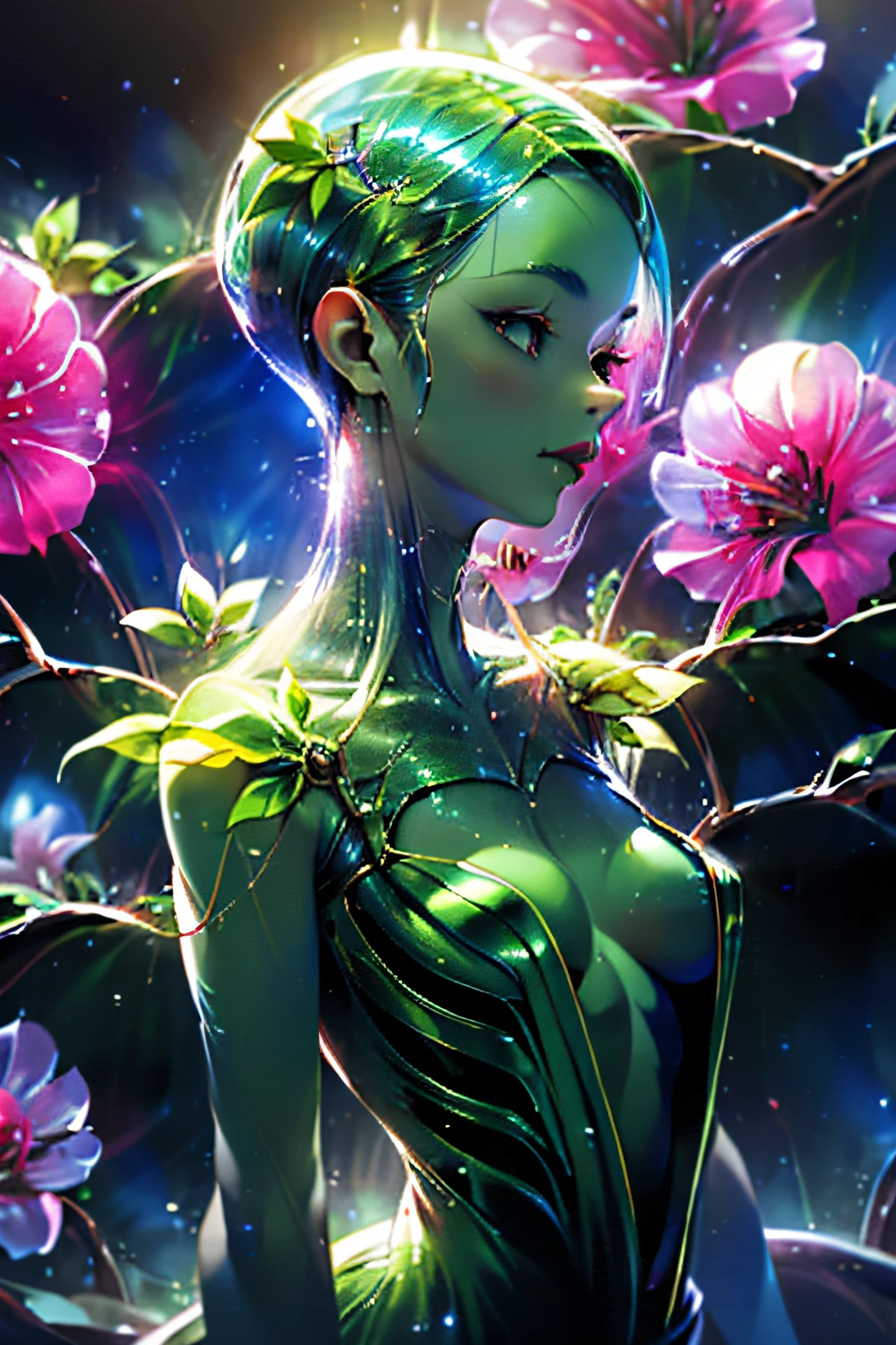 (best quality, ultra-detailed), (alien), (green skin), (black eyes), (((leaves for hair))), busty, (dress made of plants), vibrant colors, (soft lighting), (lush vegetation), (alien planet), ethereal beauty, surreal, otherworldly, enchanting, mesmerizing, stunning, captivating, dreamlike, mythical, fantasy, (alien creatures), (glowing flowers), (misty atmosphere), mysterious.