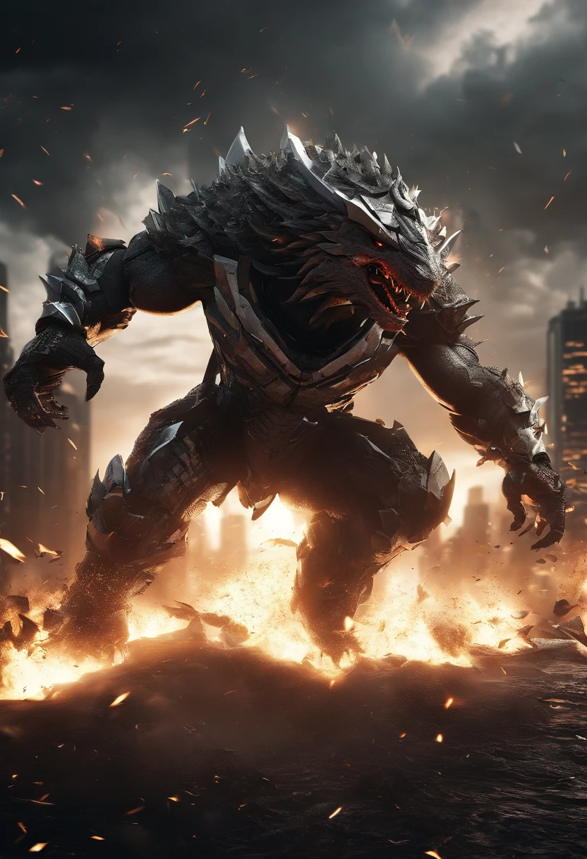 (best quality,4k,8k,highres,masterpiece:1.2),ultra-detailed,(realistic,photorealistic,photo-realistic:1.37),T-rex,battle armor,action pose,detailed scales,sharp teeth and claws,intense battle scene,vibrant colors,dynamic lighting,explosive energy,heroic stance,powerful presence,fierce battle scars,metallic armor plating,thundering footsteps,splintered debris,fierce determination,roaring with fury,surrounded by destruction,massive size and strength,dusty battlefield backdrop,feathers elegantly flowing,dynamic movement and motion,strategic battle strategy,ominous atmosphere,intense battle expression,breathing fire and smoke,showcasing dominance and power,casting shadows on the ground,partially demolished buildings,striking fear into enemies,fire and explosions in the background,feeling the ground shake,awe-inspiring sight,dramatic composition,wide-angle perspective,showcasing the epic nature of the battle,thick and muscular body,ferocious and primal instincts,exuding raw power,imposing presence in the frame,war paint patterns on armor,finely crafted details on the battle armor.