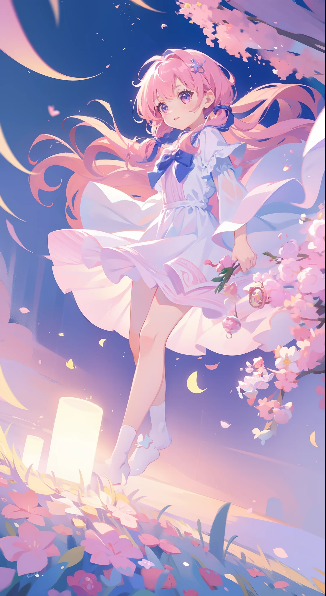 One girl、magical 、masterpiece、top-quality、Top image quality、cute little、A pink-haired、long twin tail hair、Magical Girl Costumes、magia、uses magic