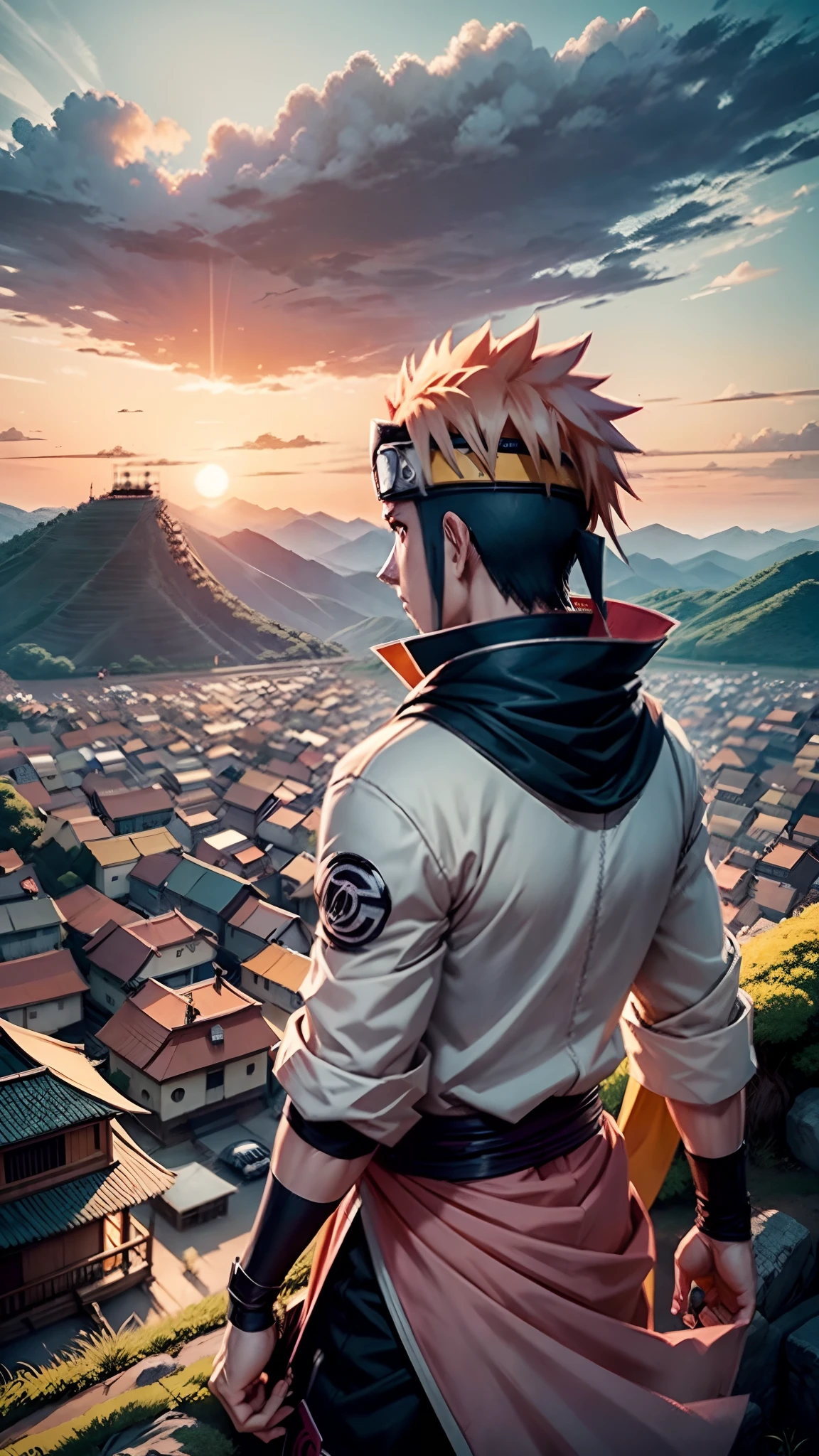 Um personagem do anime Naruto, Naruto Uzumaki, is featured in the center, com seu manto de Hokage. It is standing on top of a hill overlooking the Leaf Village, which stretches into the background with traditional houses and a huge statue of Hashirama Senju. The sky is tinged with shades of orange and pink, cortando o final de um dia agitado. Naruto looks determinedly at the horizon, pronto para proteger sua aldeia.