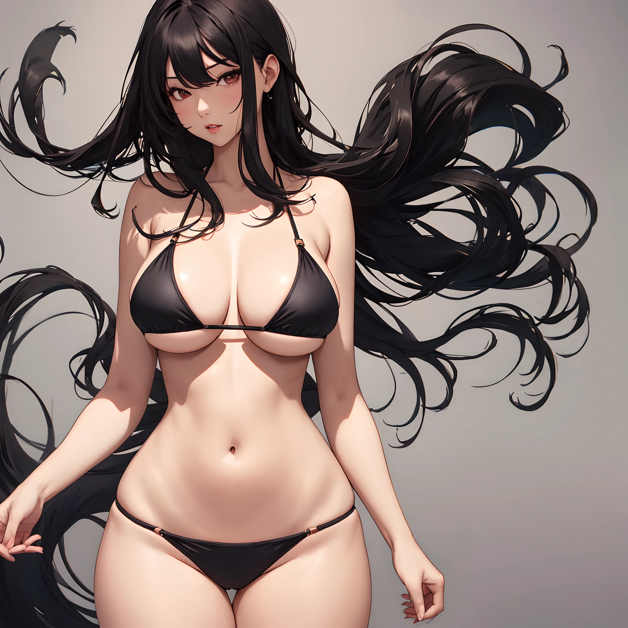 1 girl, long hair, black color, dark red bikini, big breasts, thin waist, big hips and thick thighs