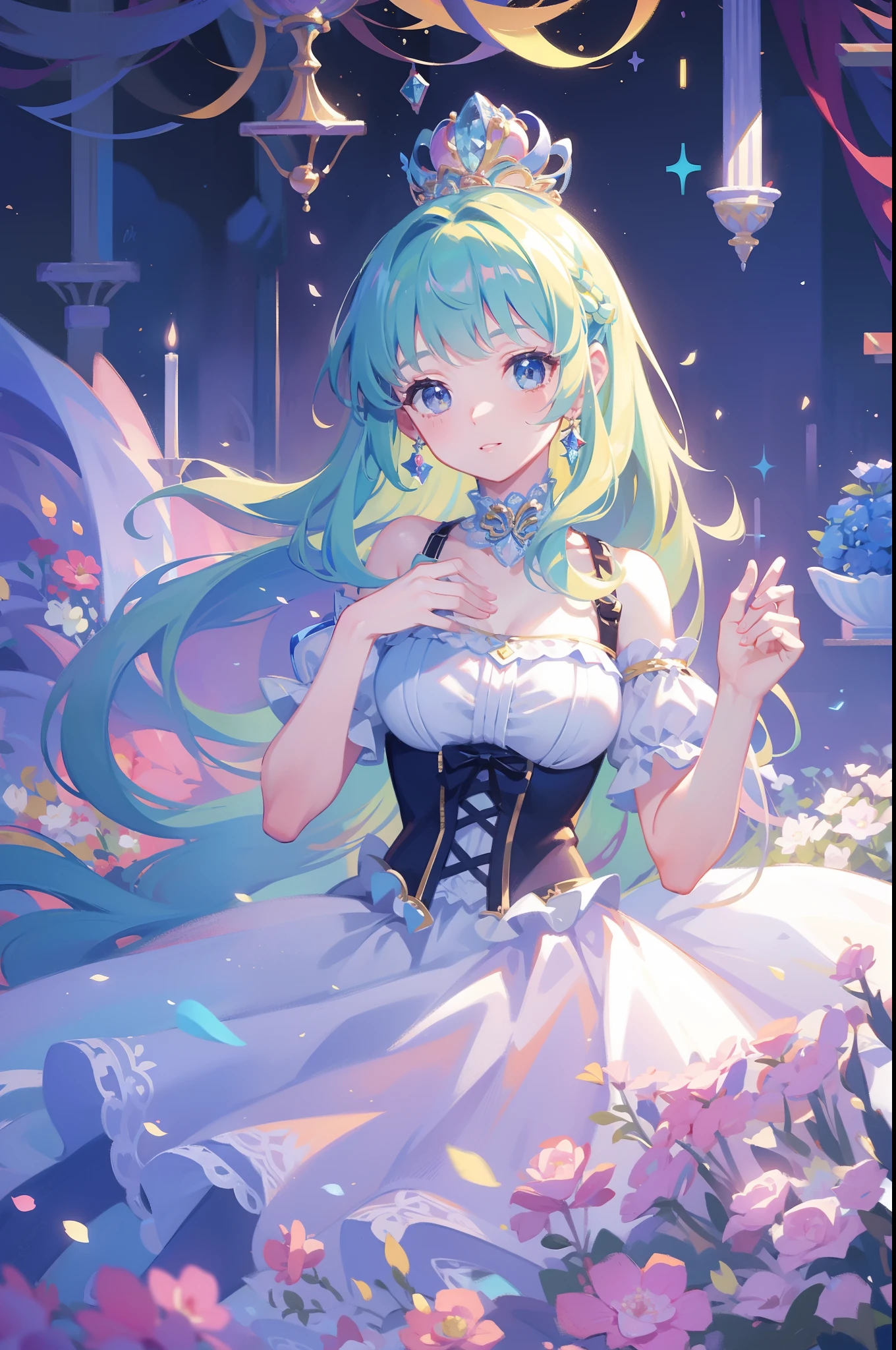 masterpiece, 8k, sharp focus, high resolution, princess, beautiful girl, fantasy dress, puffy multi-layered tiered ballgown, corset, collar, sharp focus, intricately detailed dress design, colorful, whimsical, fantasy, magical