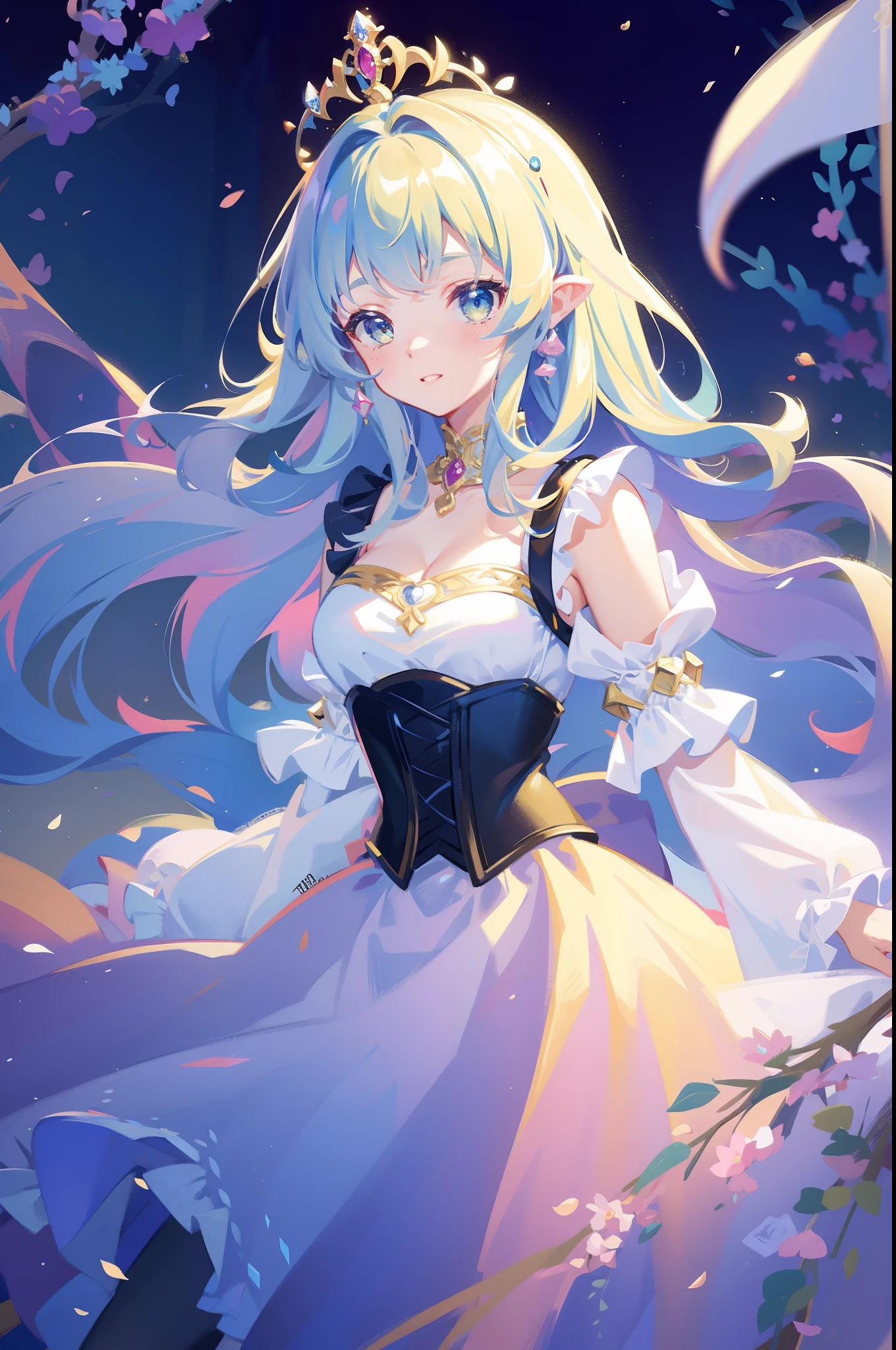 masterpiece, 8k, sharp focus, high resolution, princess, beautiful girl, fantasy dress, puffy multi-layered tiered ballgown, corset, collar, sharp focus, intricately detailed dress design, colorful, whimsical, fantasy, magical