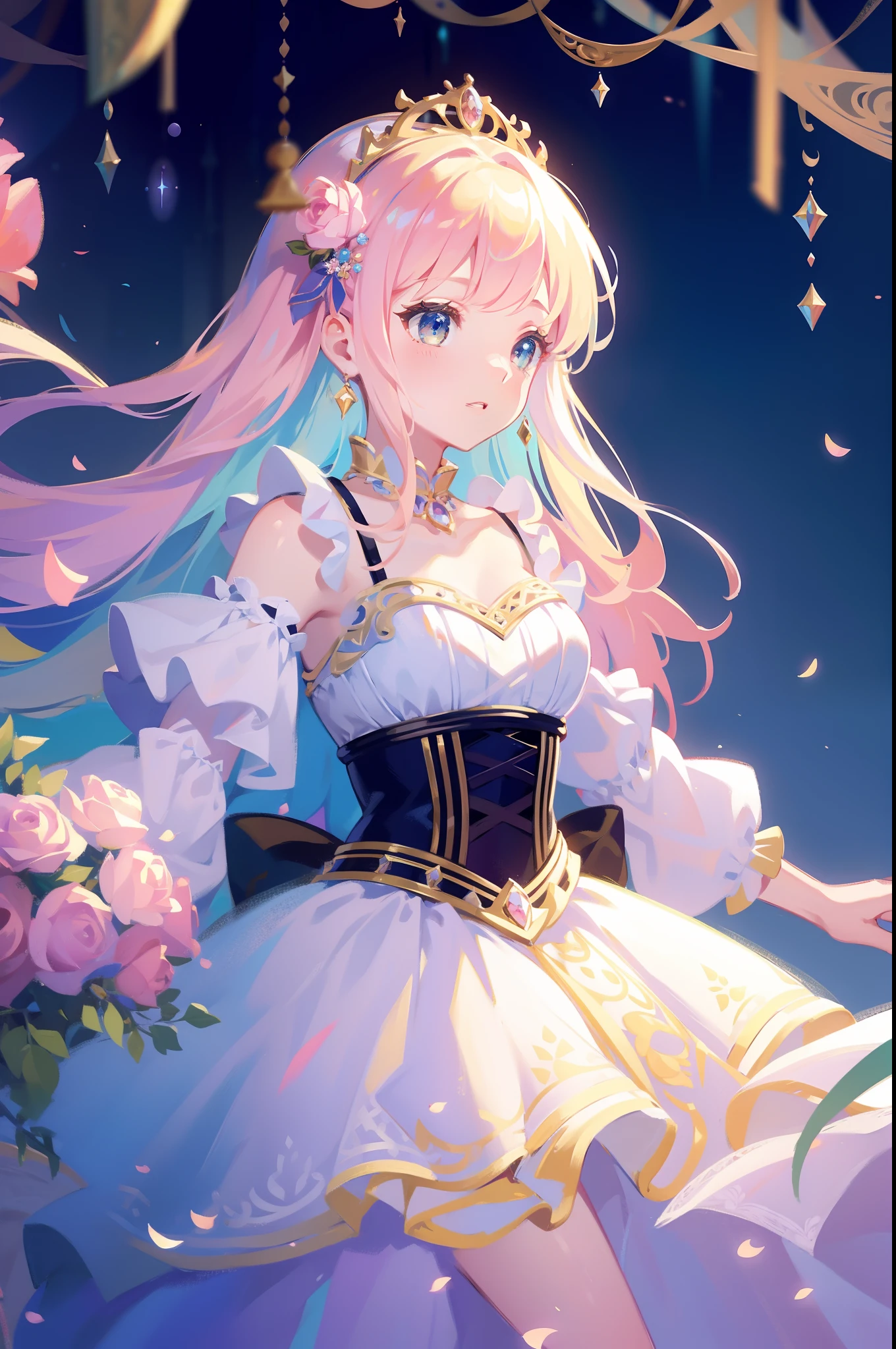masterpiece, 8k, sharp focus, high resolution, princess, beautiful girl, fantasy dress, puffy multi-layered tiered ballgown, corset, collar, sharp focus, intricately detailed dress design, colorful, whimsical, fantasy, magical