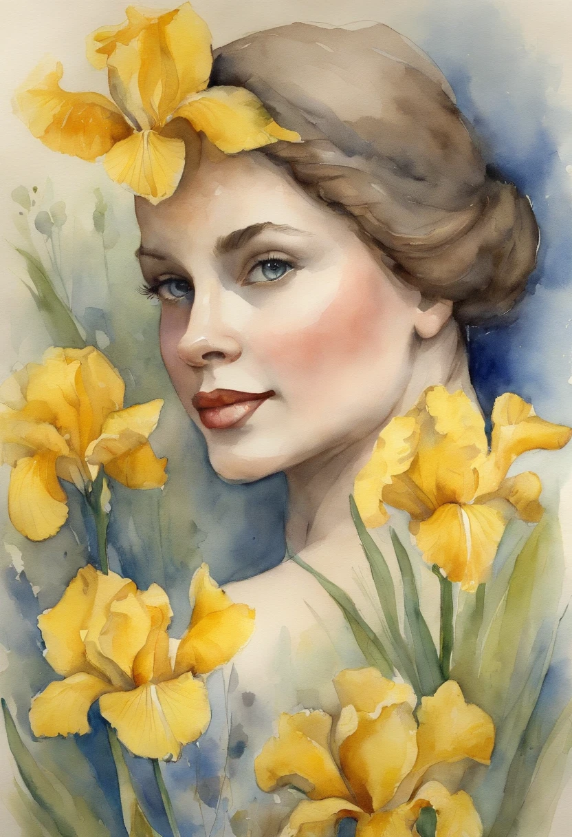 Young girl with yellow-blue iris, Stacia Burlington Style, watercolour, soft colour, Serene face, a closeup of a, Vintage images